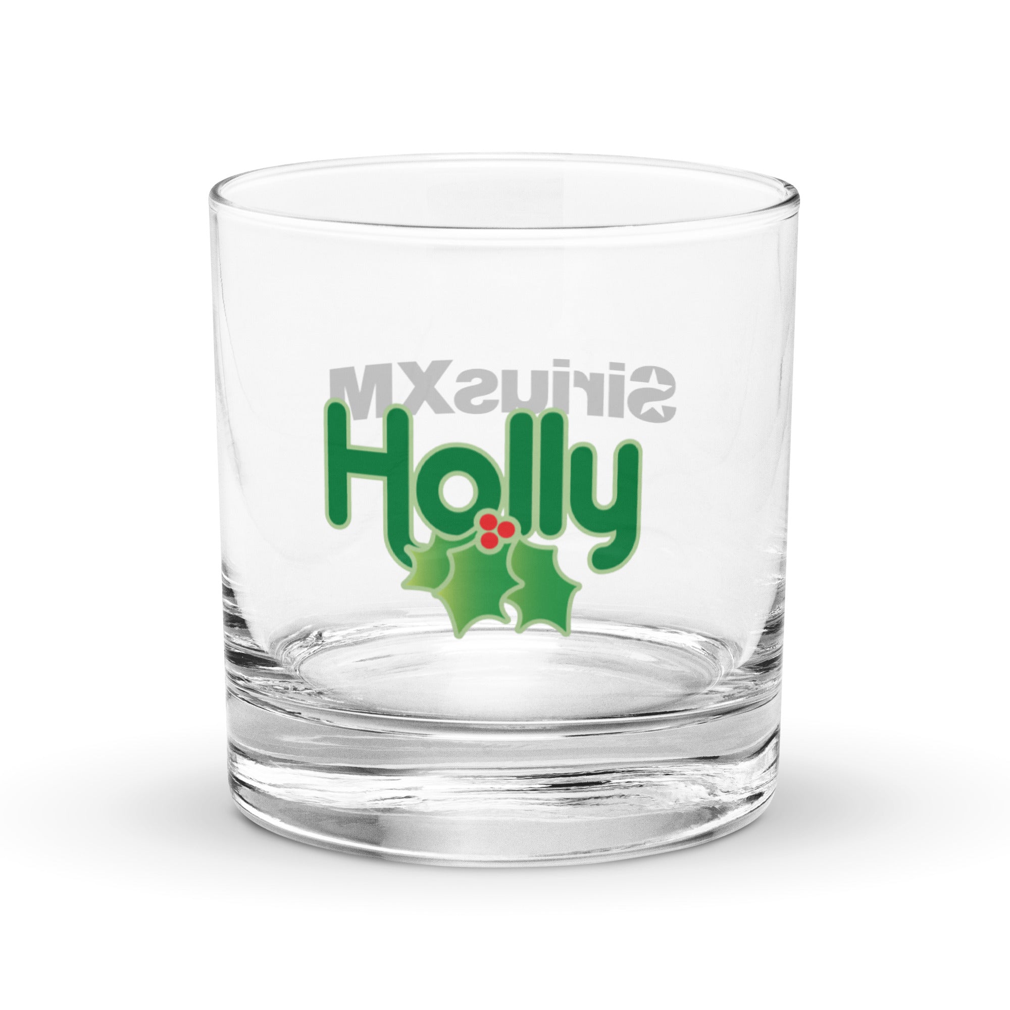 One side of clear rocks glass with a green Holly logo in the center.