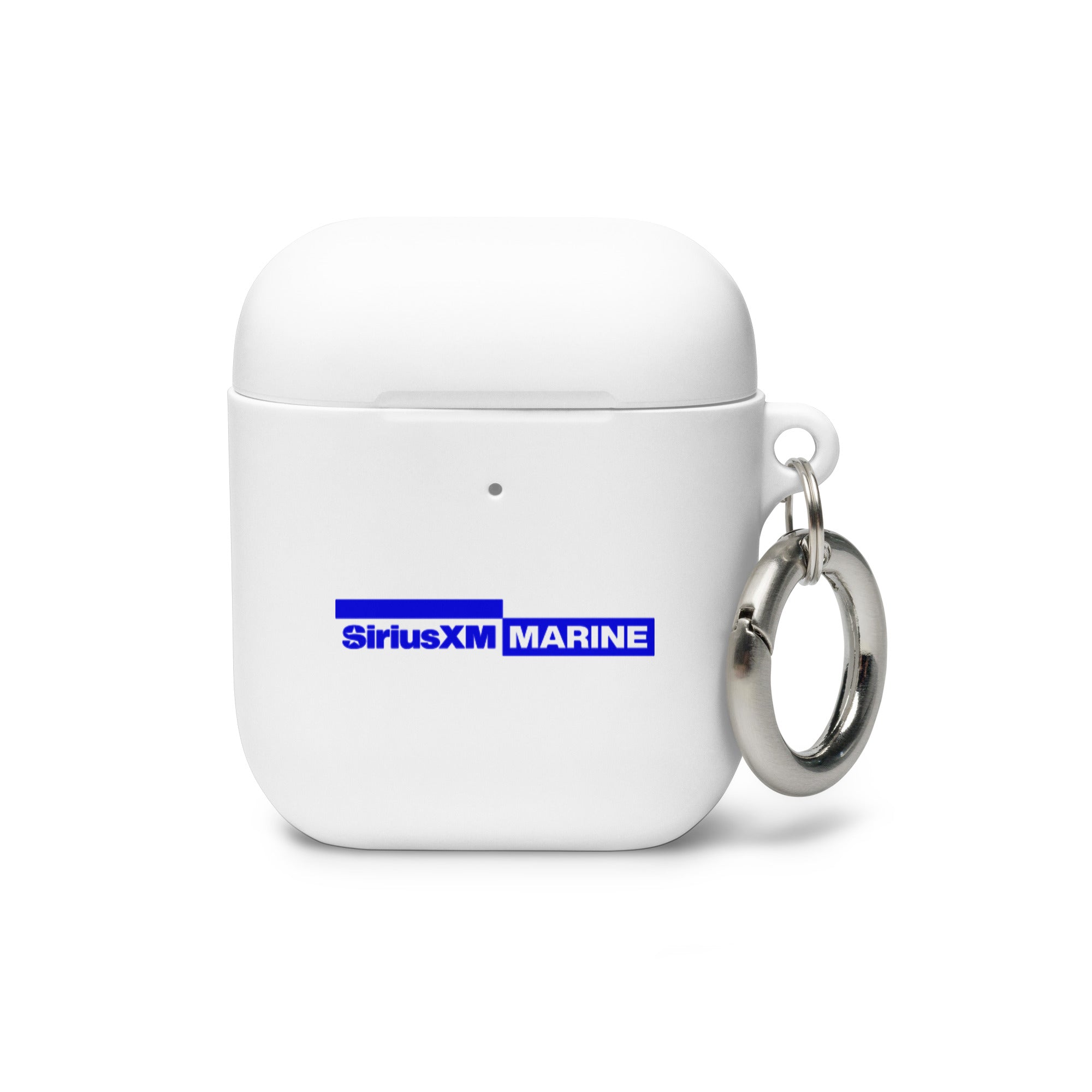 SiriusXM Marine branded in blue on a white charging case with keychain attachment.