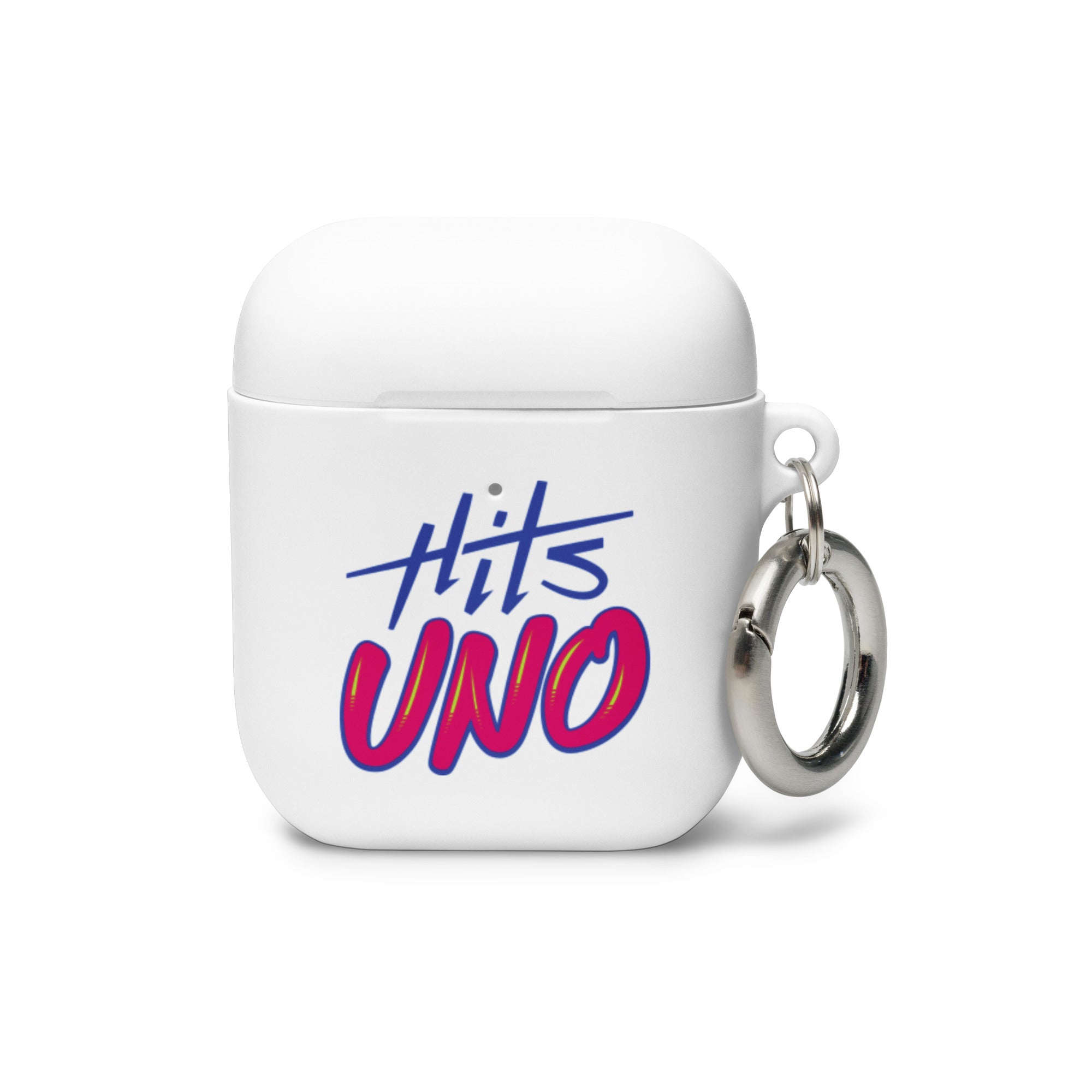 White AirPods case with the 'Hits UNO' logo in blue and pink lettering and a silver keychain attachment.