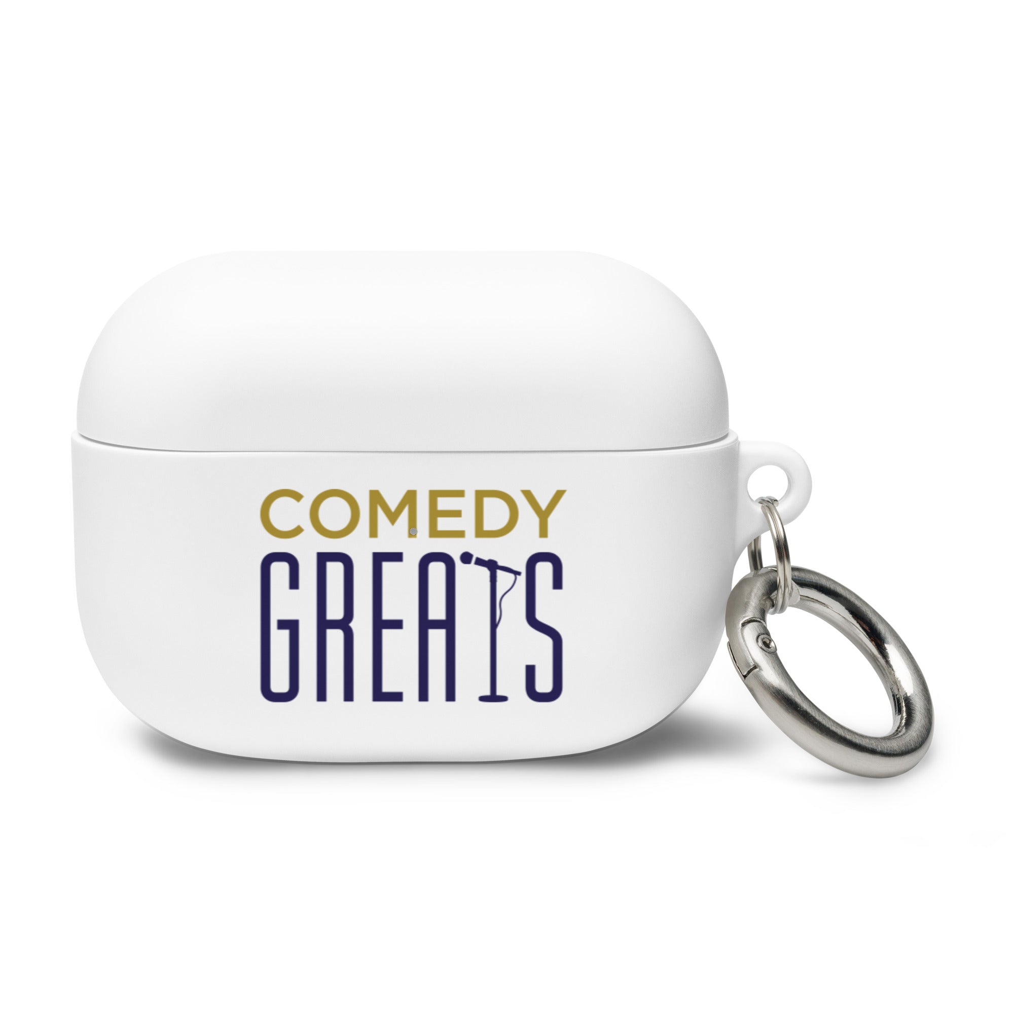 White AirPods Pro case with 'COMEDY GREATs' printed in blue and gold and a silver keyring attachment.