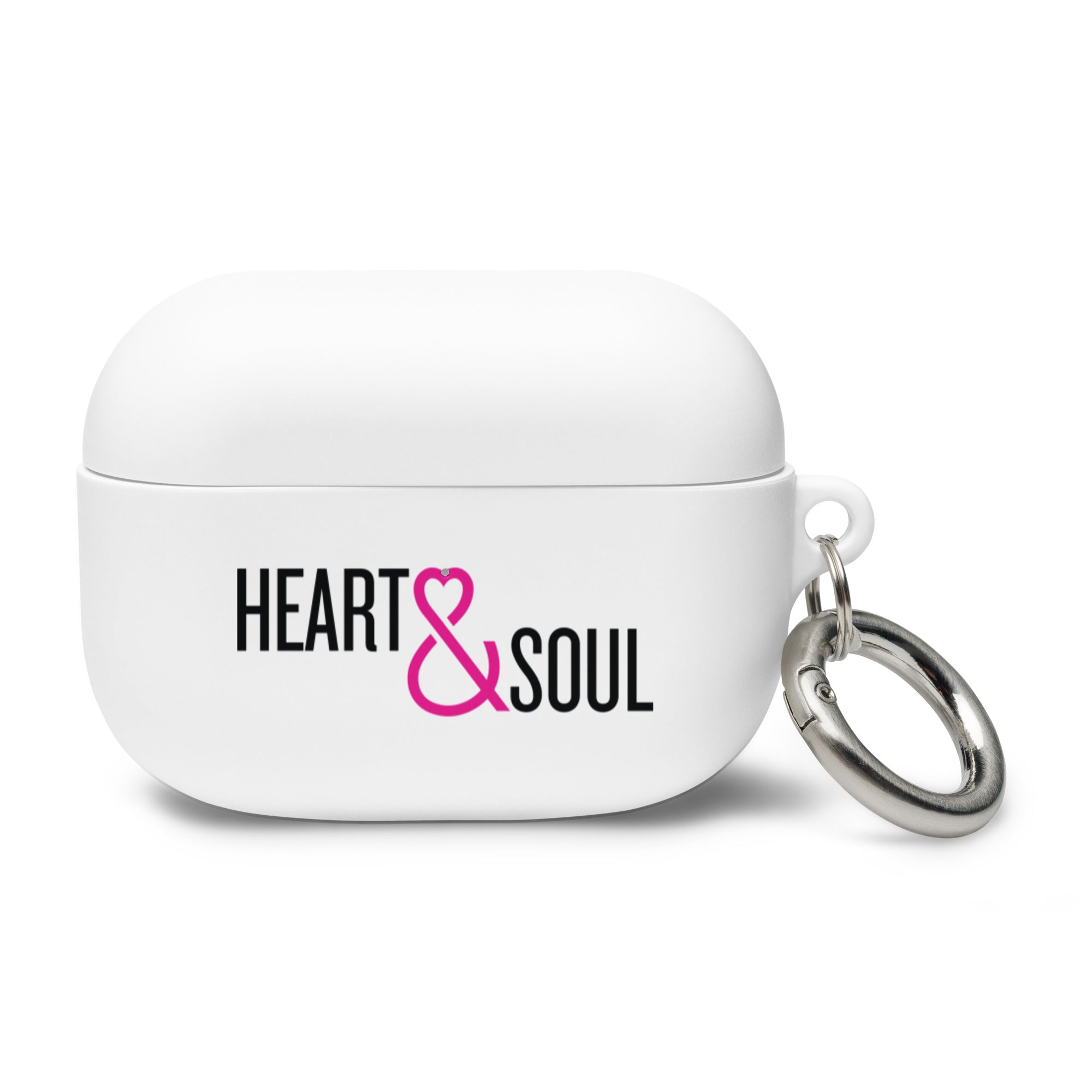 White AirPods Pro case with a 'HEART & SOUL' design and a silver keyring attached.