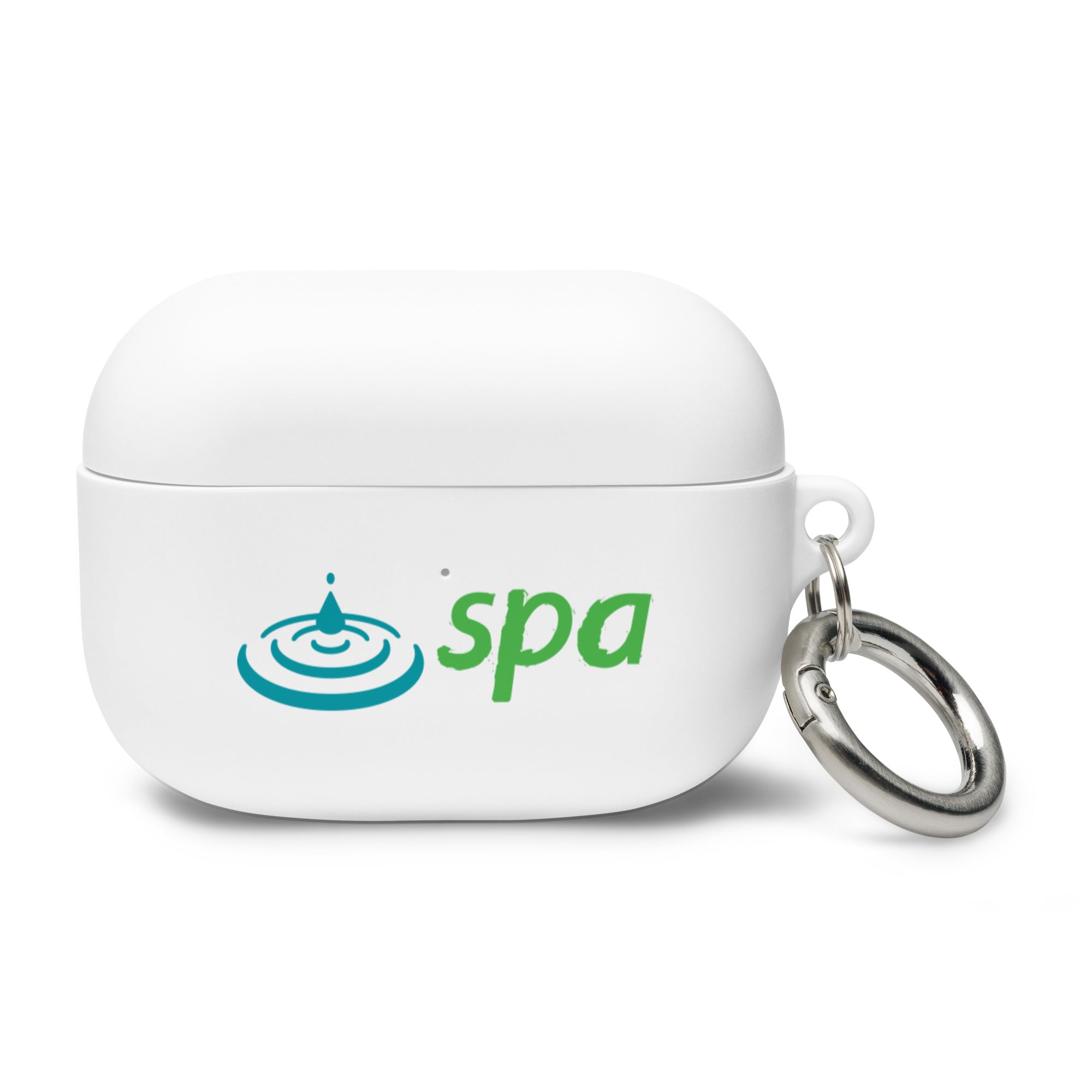 White AirPods Pro case with a 'spa' logo and a water droplet design, attached to a silver keyring.