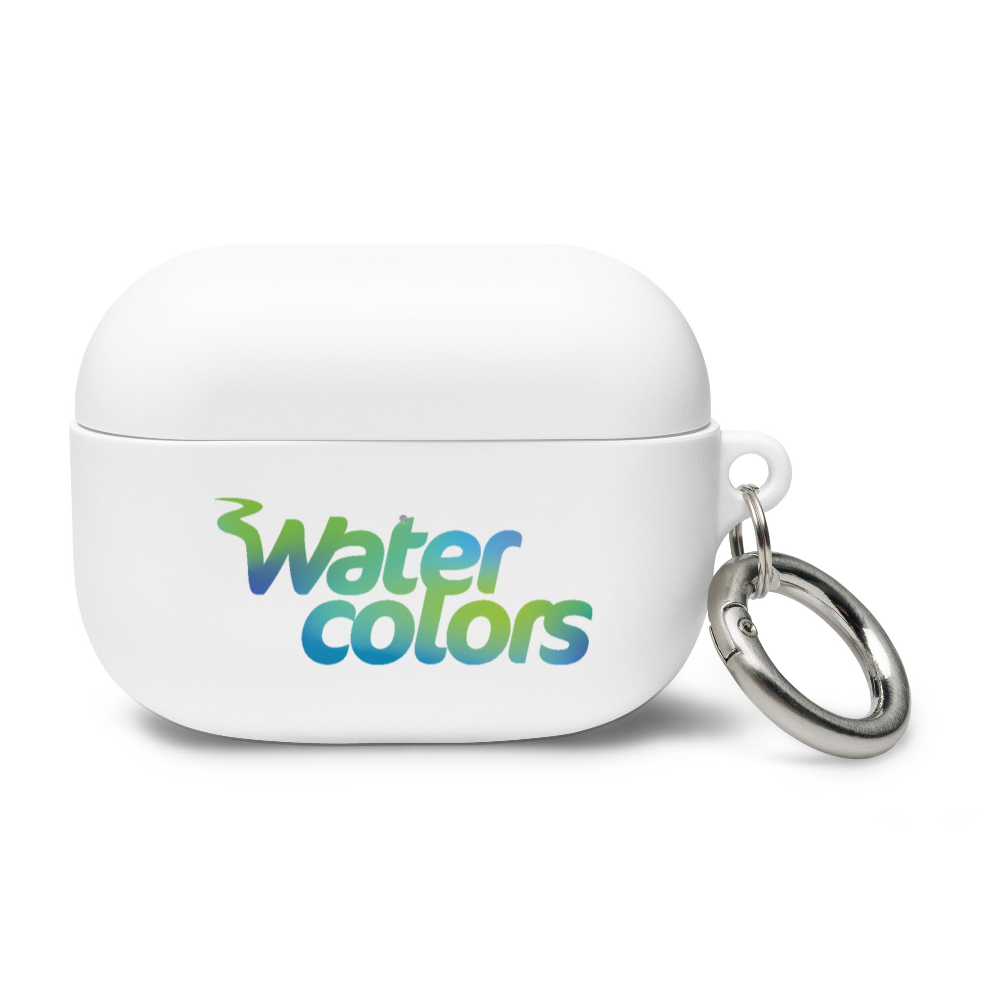 White AirPods Pro case with a colorful 'Water colors' logo and a silver keyring attachment.