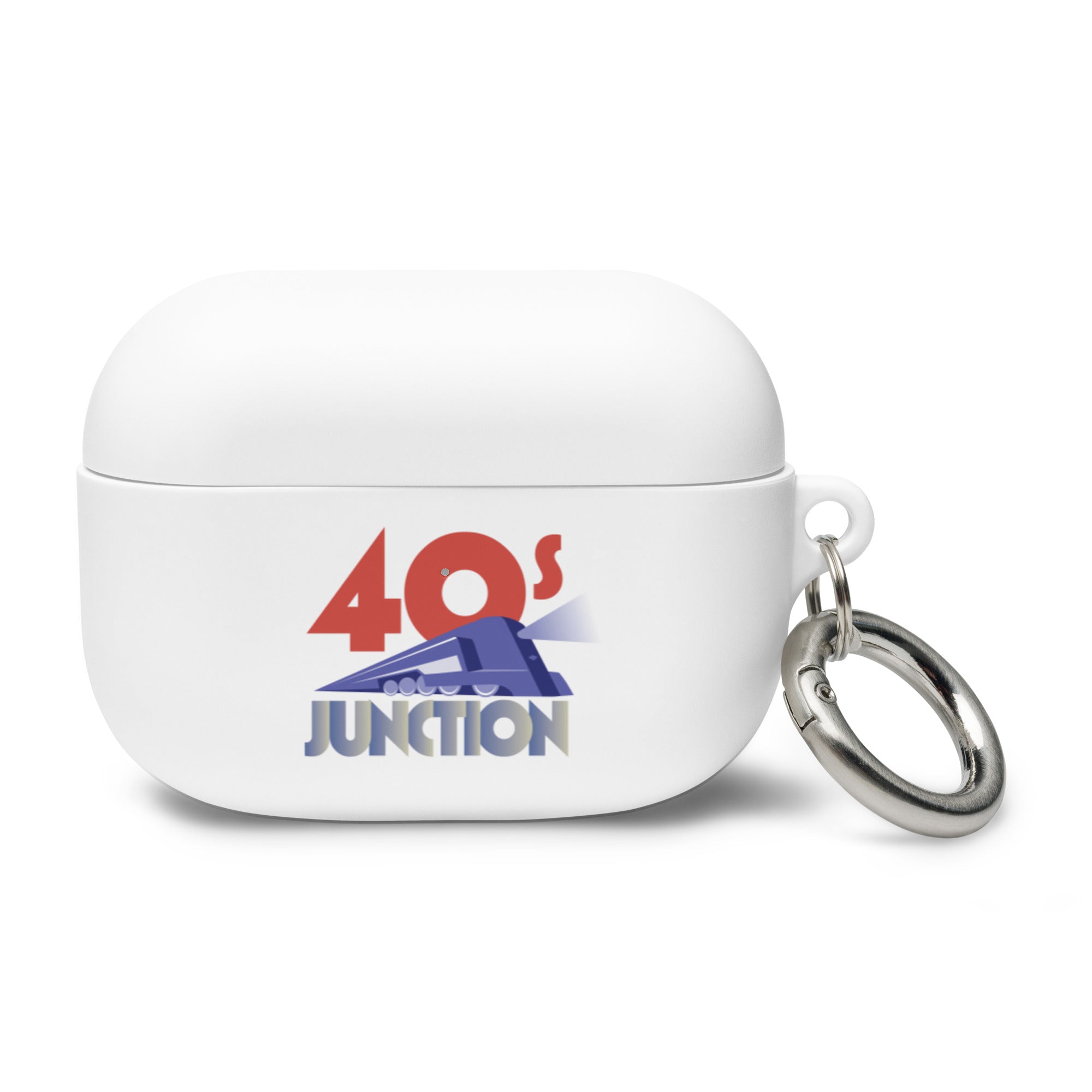 White AirPods Pro case with '40s Junction' logo and a silver keyring.