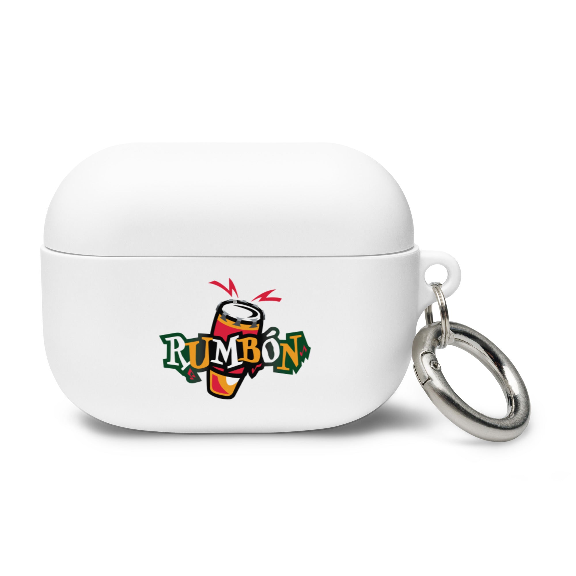 White AirPods Pro case featuring a colorful 'RUMBÓN' logo and a silver keyring attachment.