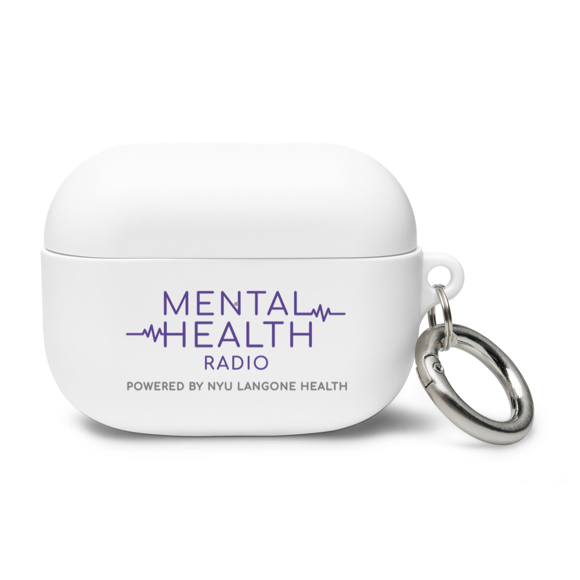 White AirPods Pro case with 'MENTAL HEALTH RADIO' and 'POWERED BY NYU LANGONE HEALTH' printed in purple, featuring a keyring.