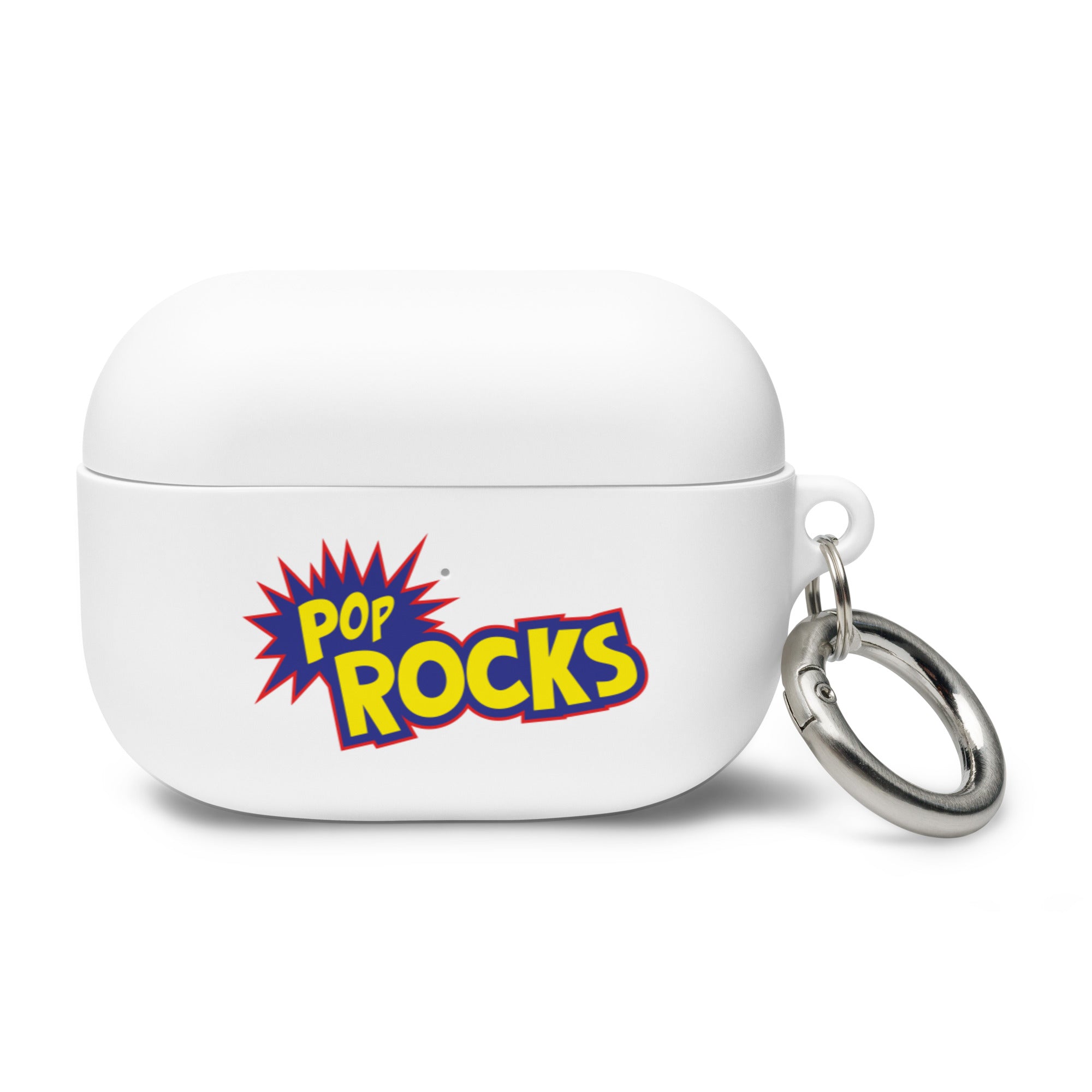 White AirPods Pro case featuring a colorful 'POP ROCKS' logo and a metal keyring attachment.