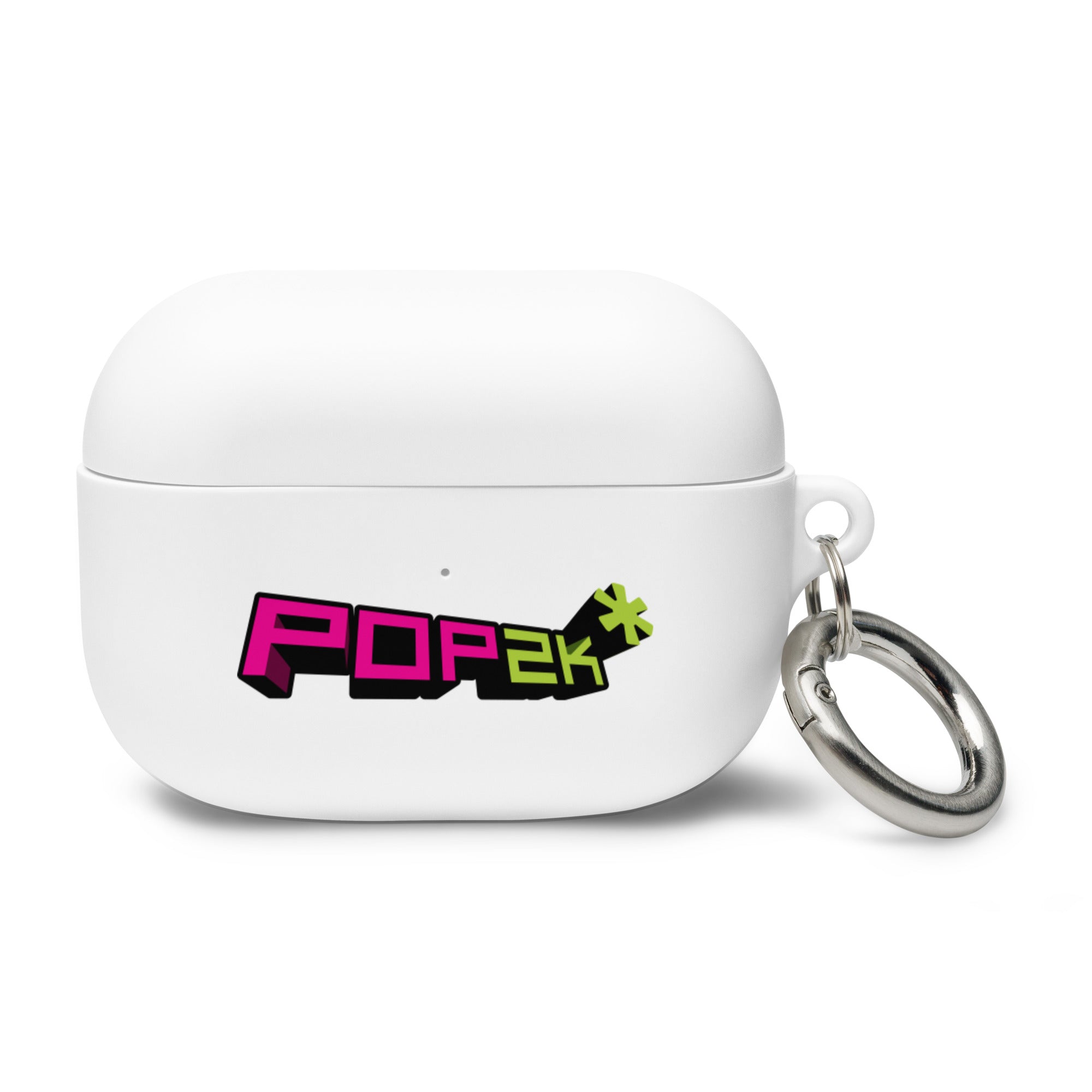 White AirPods Pro case with a colorful 'POP2k' logo in pink, green and black and a metal keychain attachment.