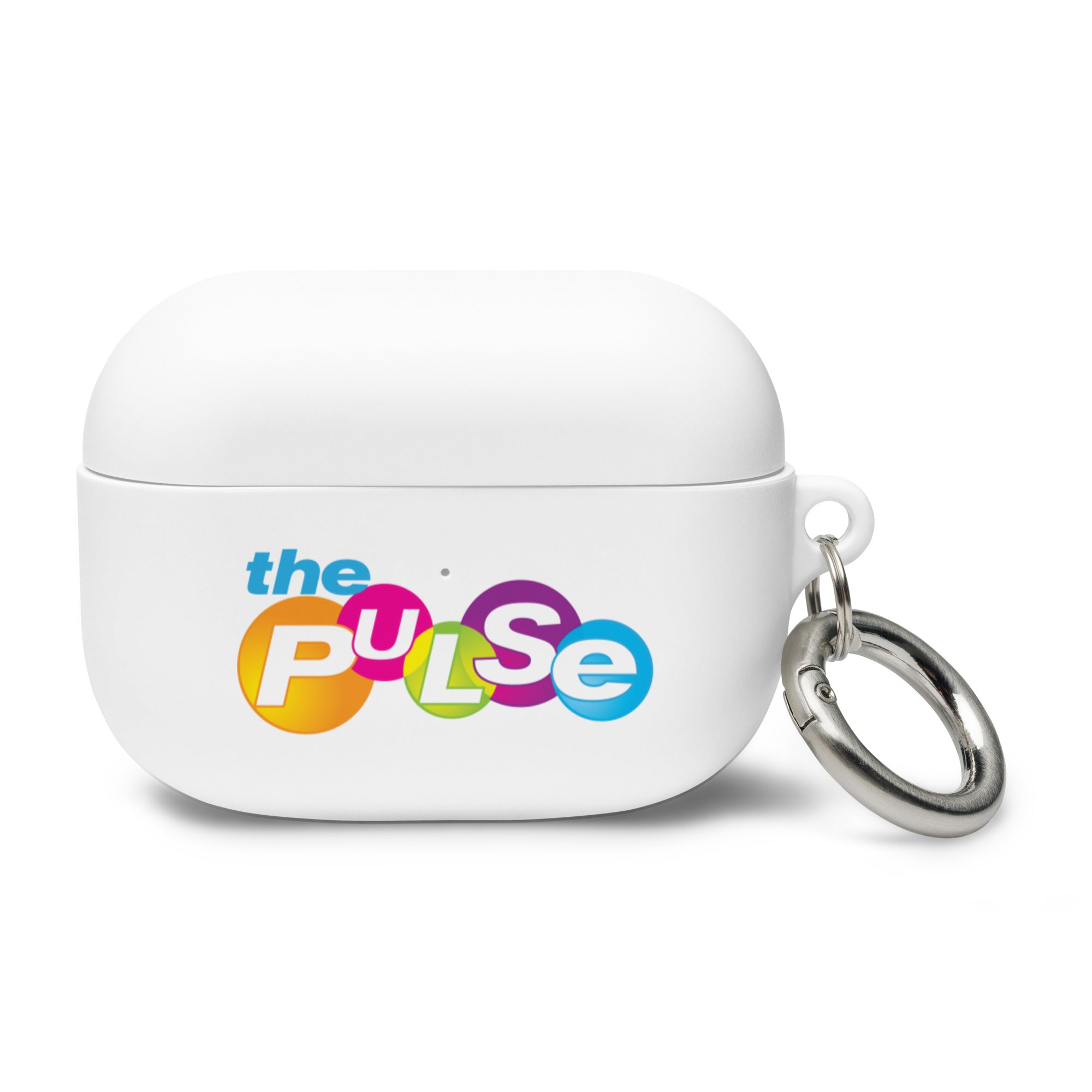 White wireless earbuds case with colorful 'the PULSE' logo in blue, orange, green, purple and blue and a metal keyring attachment.