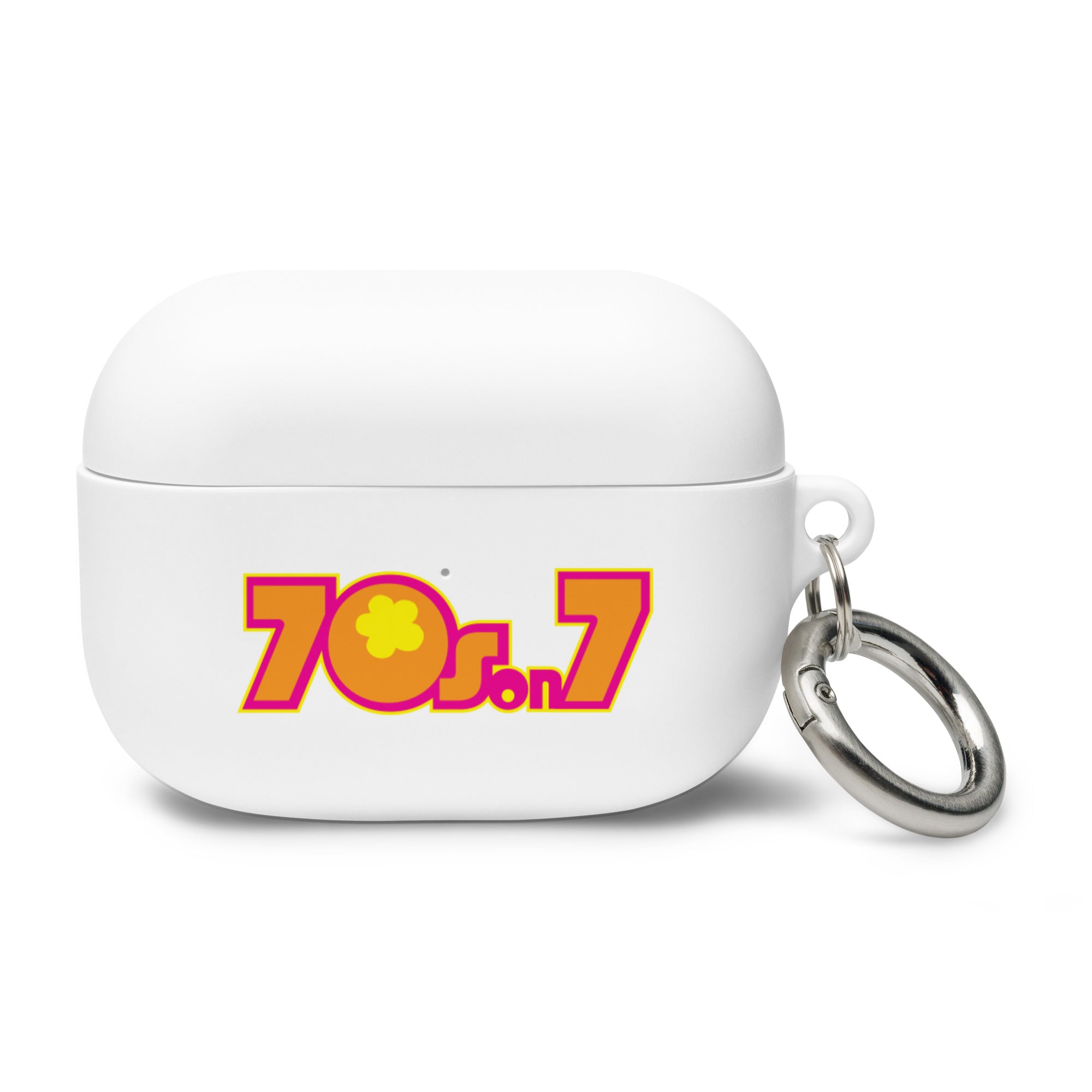 White AirPods Pro case featuring a colorful '70s on 7' design with a keychain attachment.