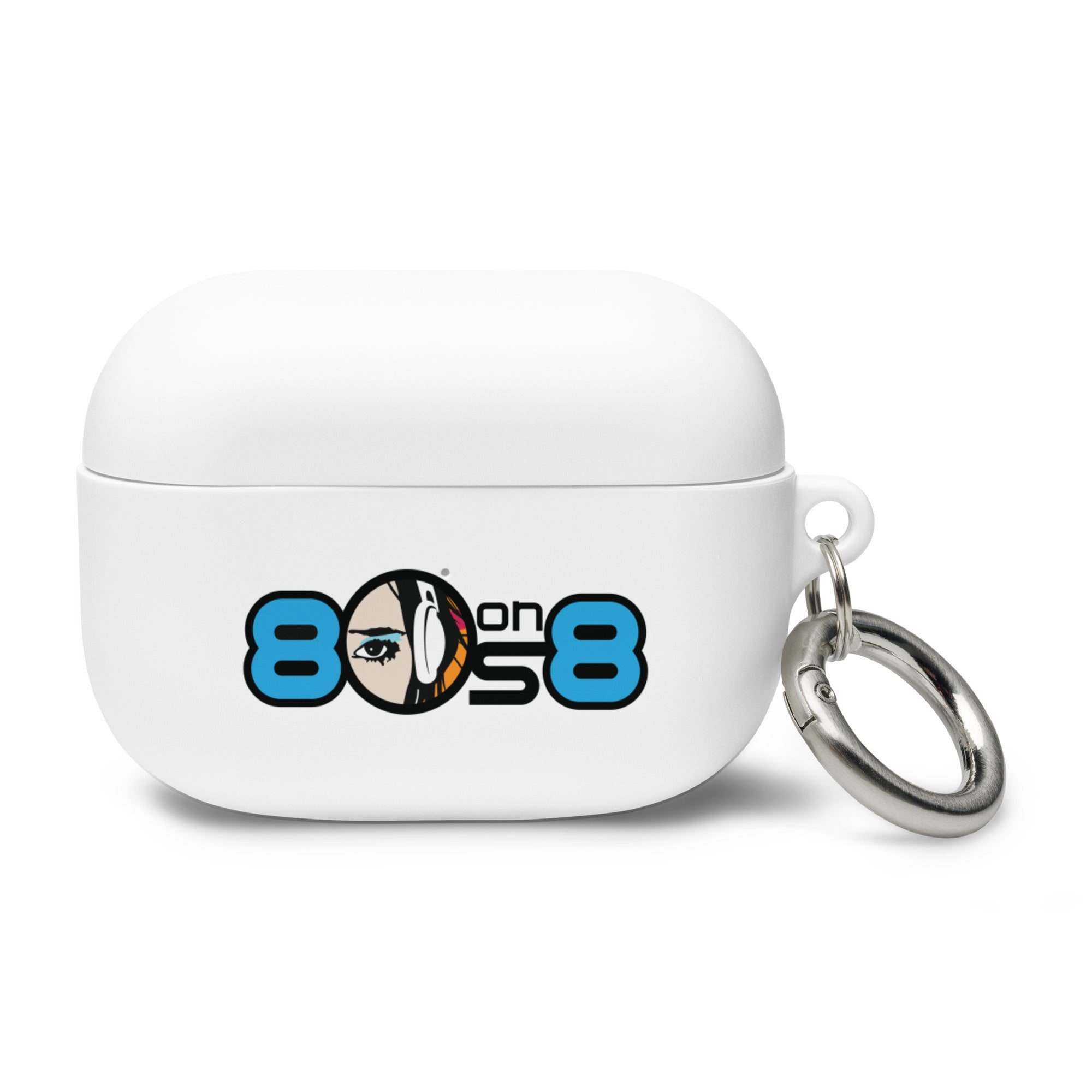 White AirPods Pro case featuring the logo '80s on 8' with a stylized illustration and a keychain attached.