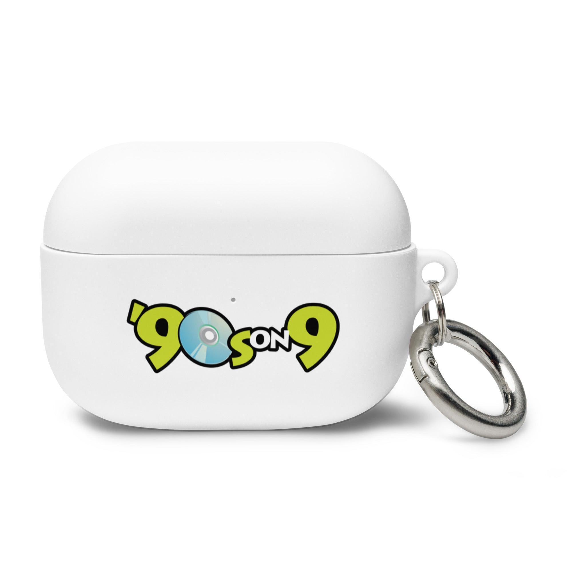 White AirPods Pro case with '90s on 9' logo and a keychain clip.