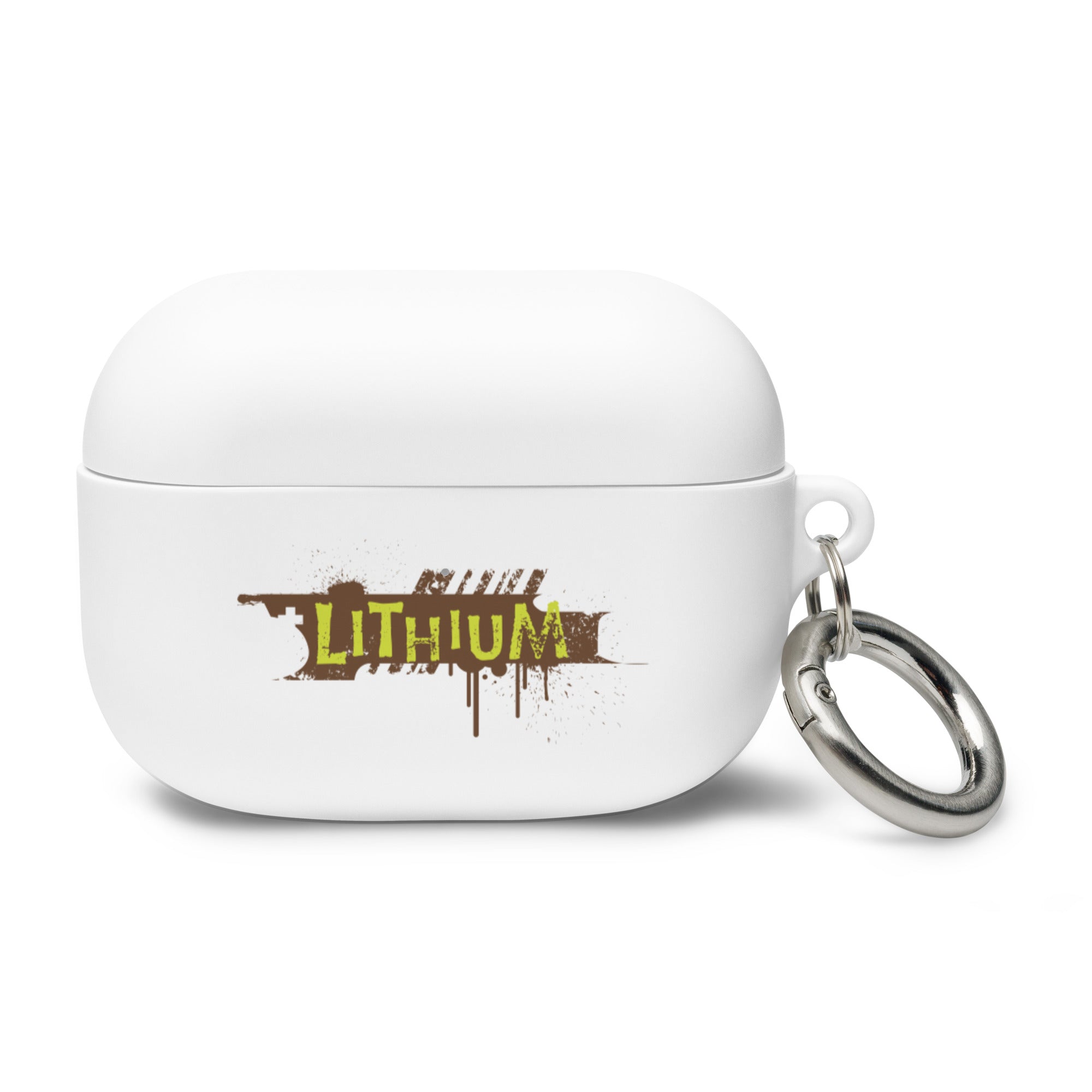 White AirPods Pro case with a graffiti-style 'LITHIUM' text design and a keychain attachment.