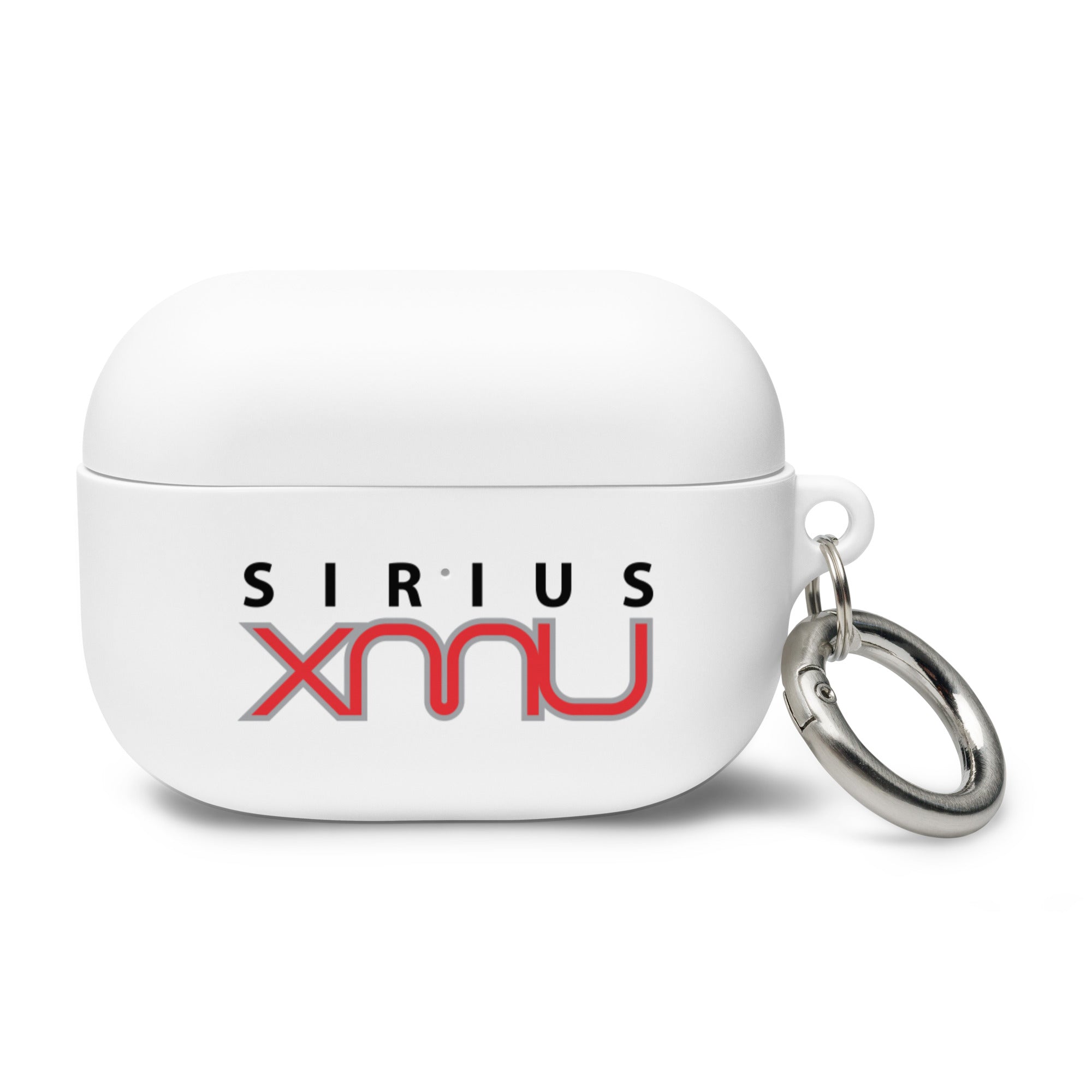 White AirPods Pro case featuring the 'SiriusXMU' logo with a silver keychain attachment.