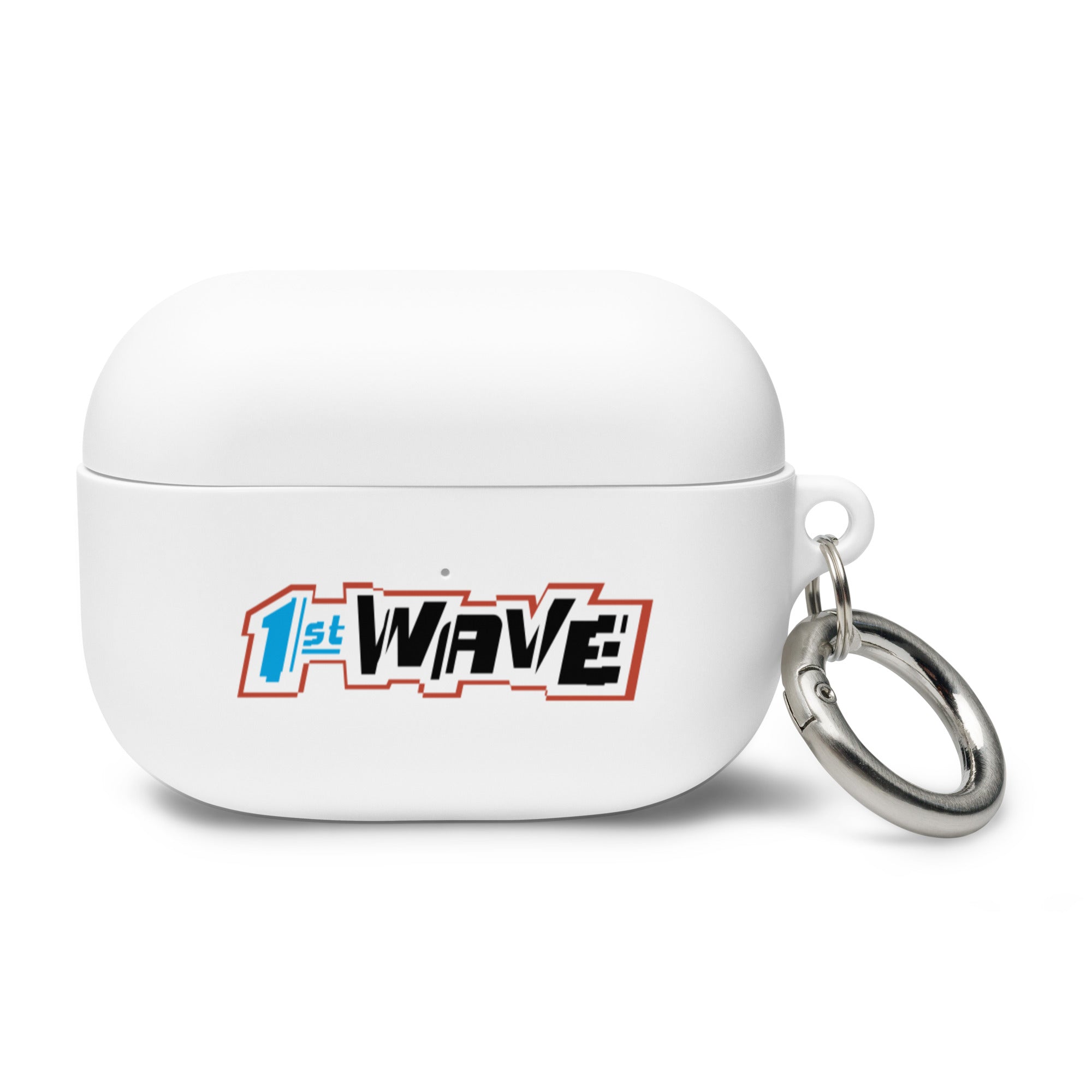 White AirPods Pro case with a colorful '1st WAVE' logo and a silver keychain attached.