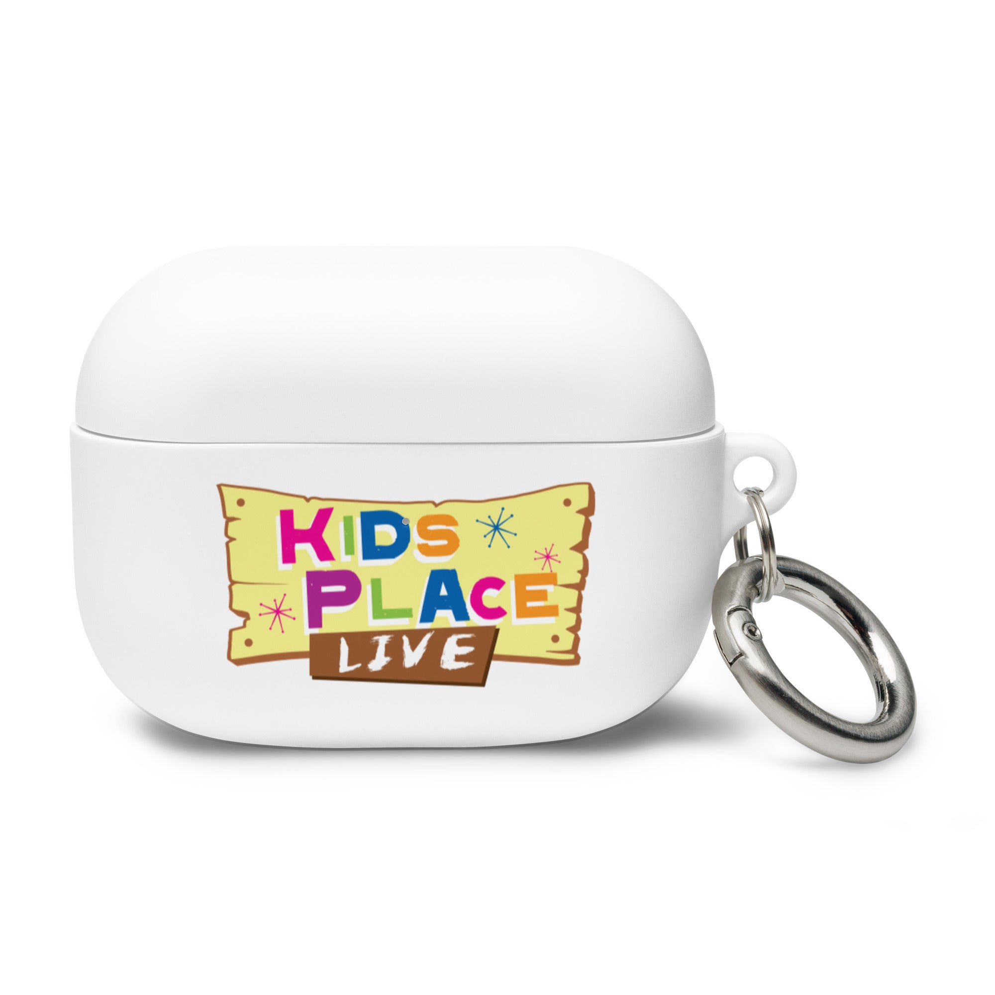 White AirPods Pro case featuring 'KIDS PLACE LIVE' logo on a colorful background with a keychain attachment.