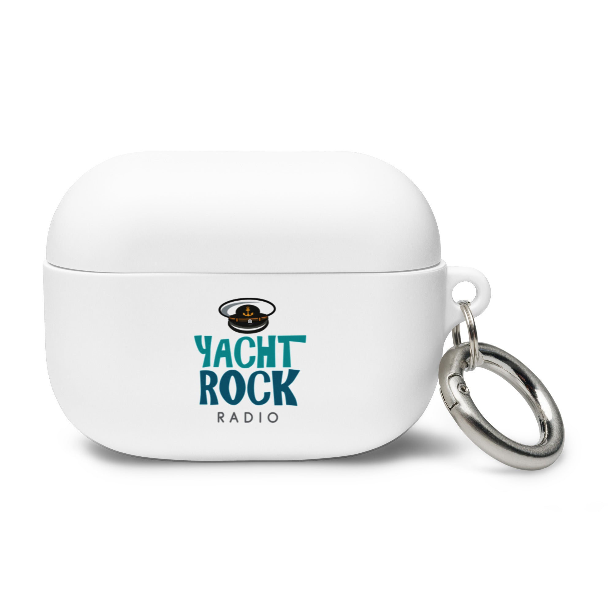 White AirPods Pro case with 'Yacht Rock Radio' logo and a captain's hat design and silver keychain attachment.