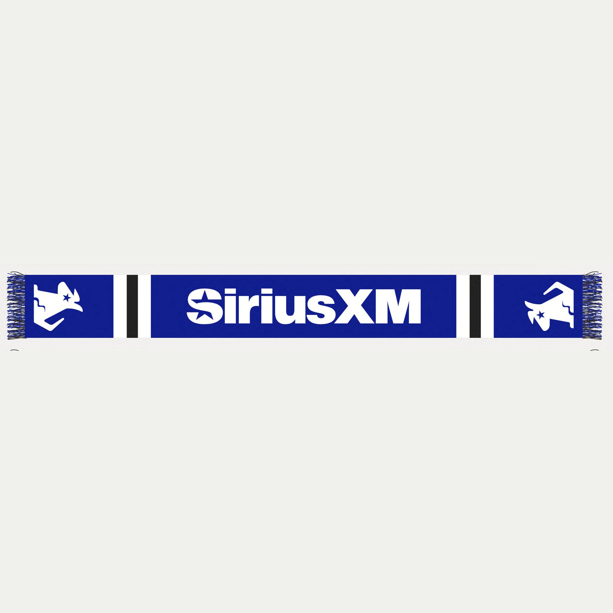 A blue 'SiriusXM' knit scarf featuring the 'SiriusXM' logo in white across the center. The scarf has black and white stripe accents near the edges and the 'SiriusXM' Stella Dog mascot on both ends. The ends of the scarf are finished with blue fringe.