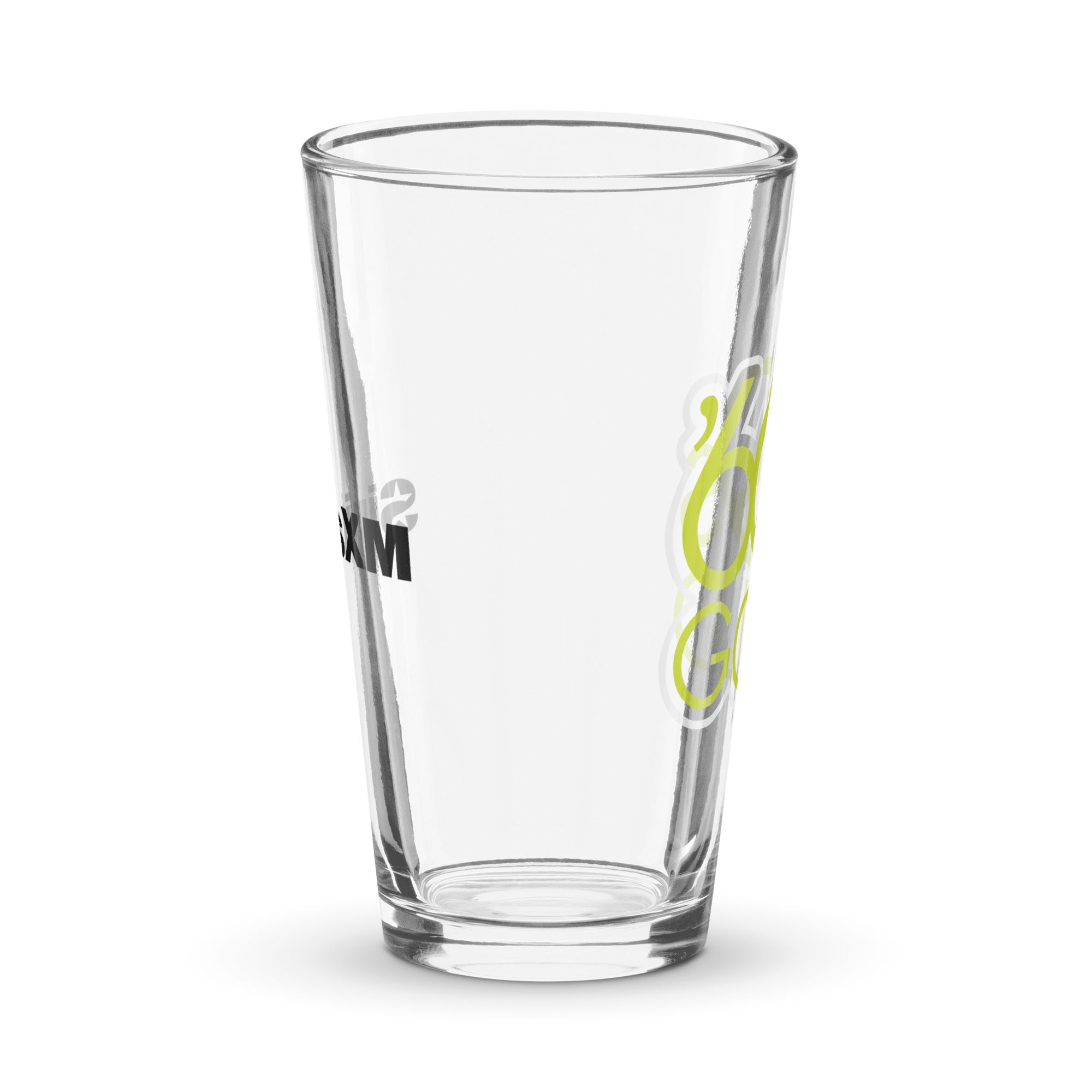 Side view of clear pint glass featuring partially visible front and back designs.