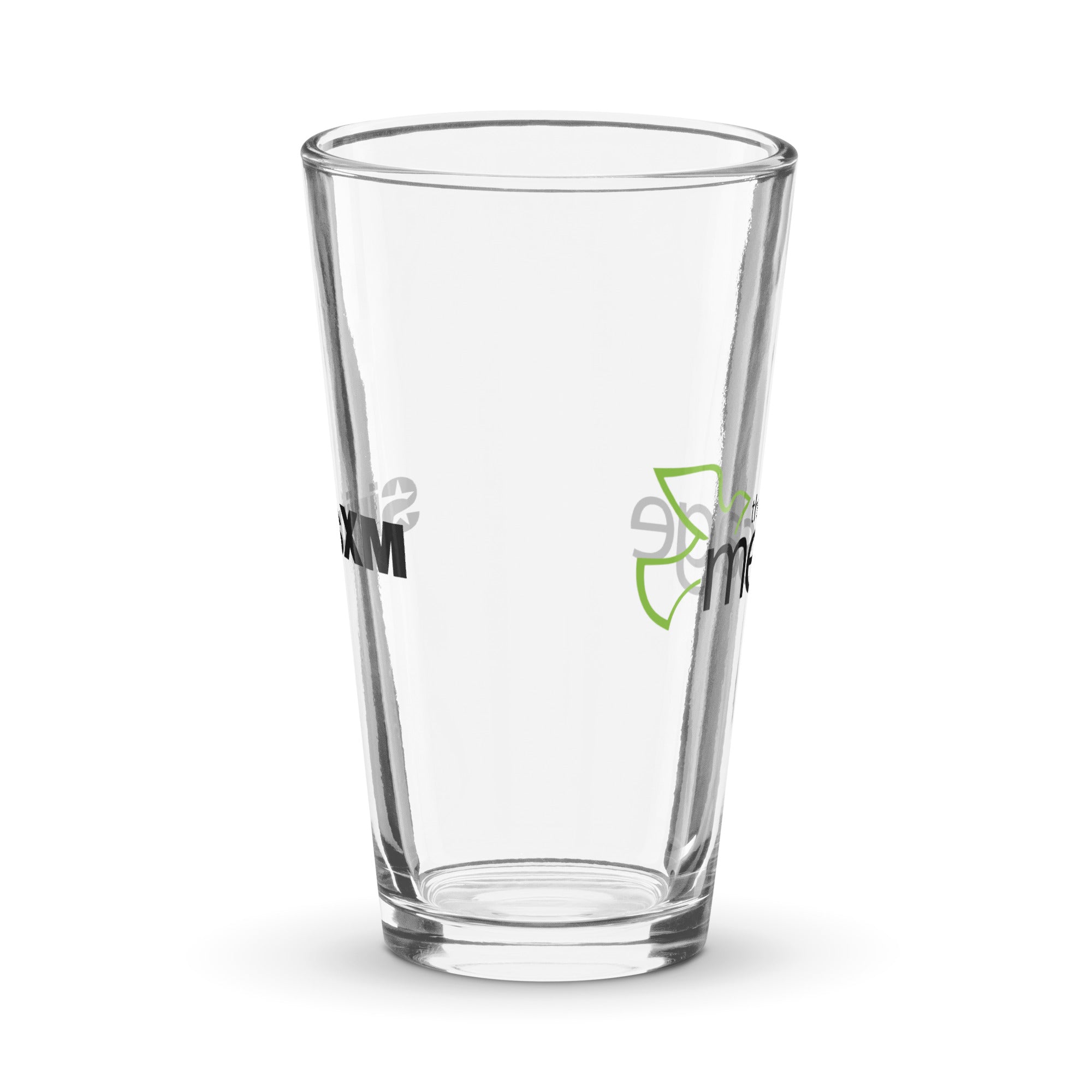 Side view of clear pint glass featuring partially visible front and back designs.