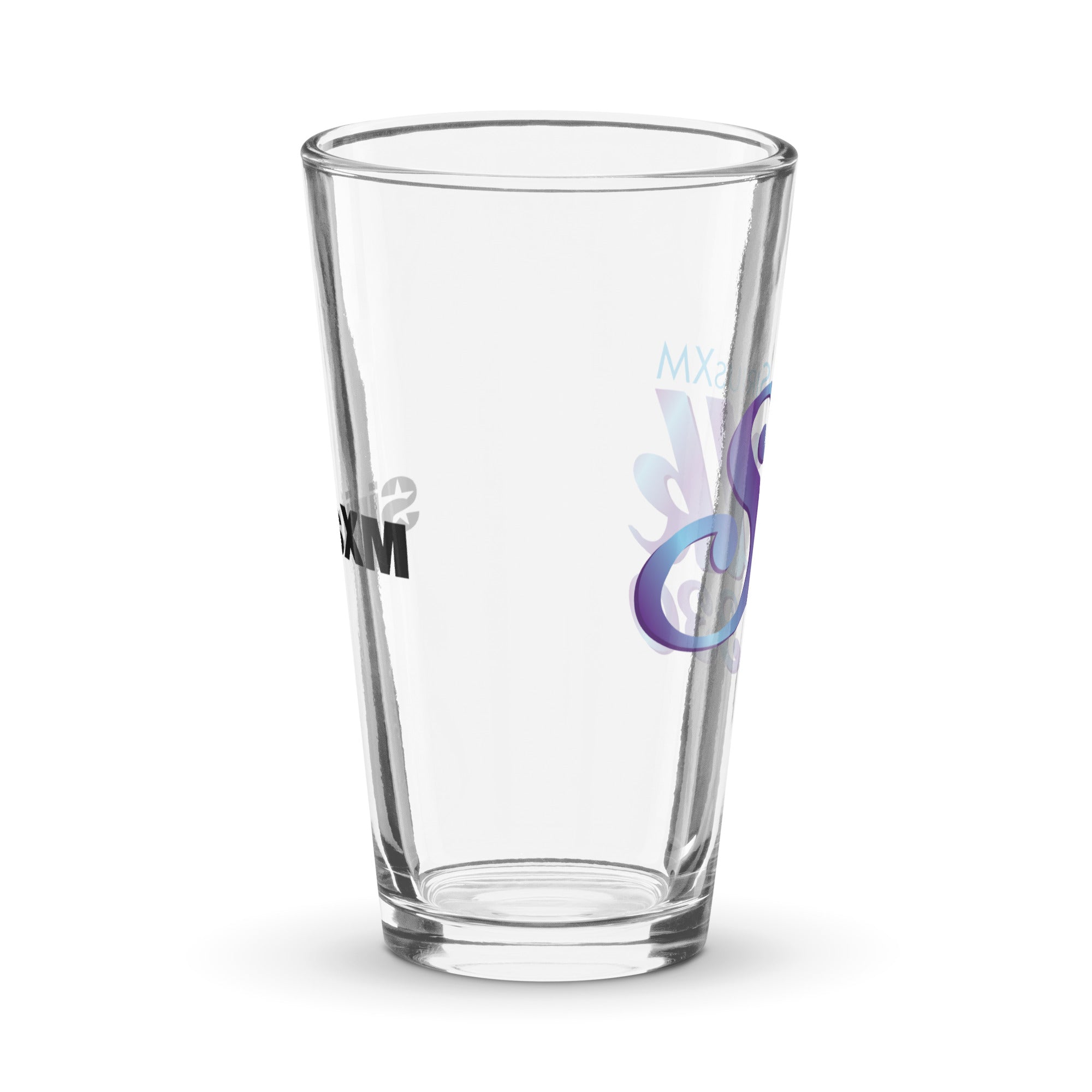 Side view of clear pint glass featuring partially visible front and back designs.