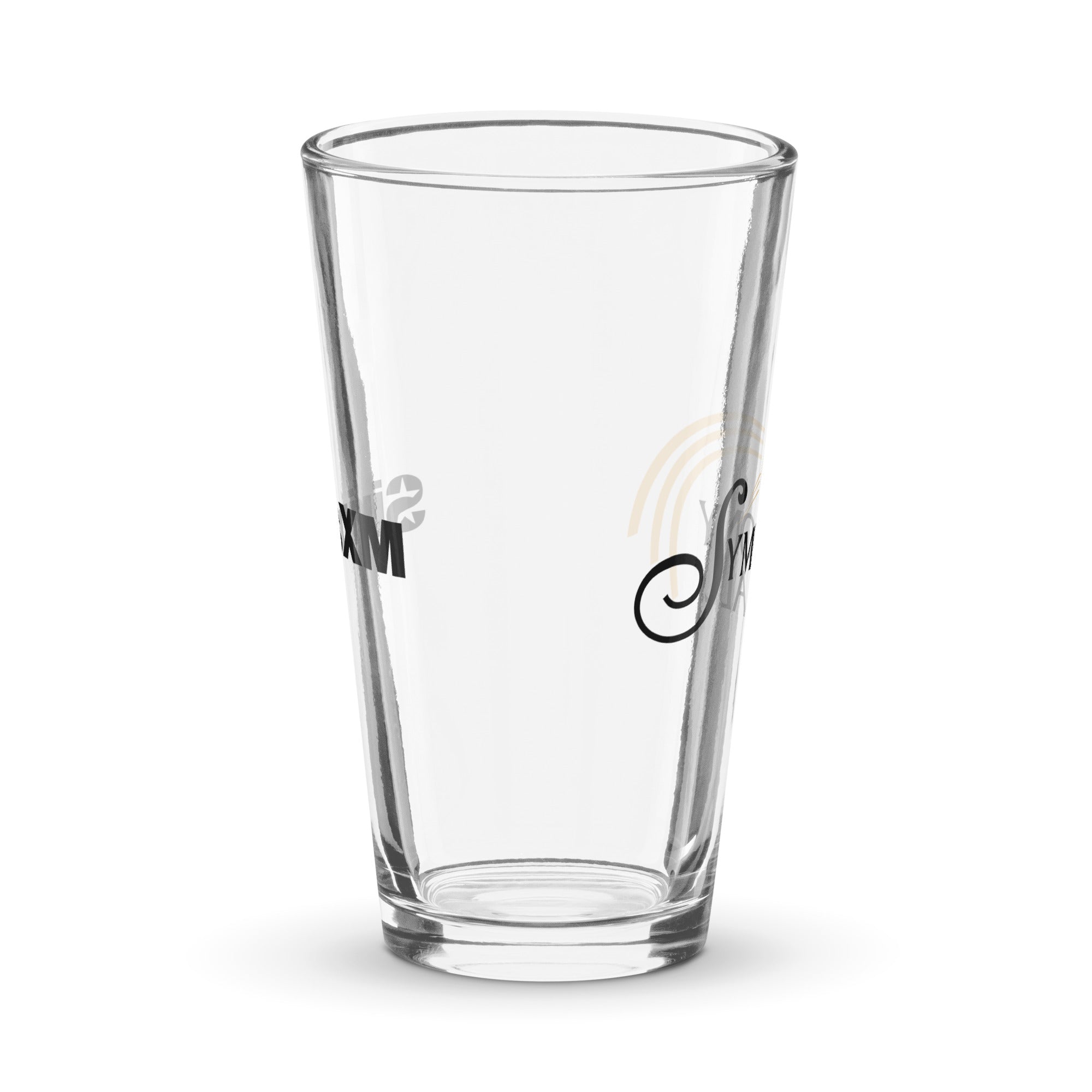 Side view of clear pint glass featuring partially visible front and back designs.