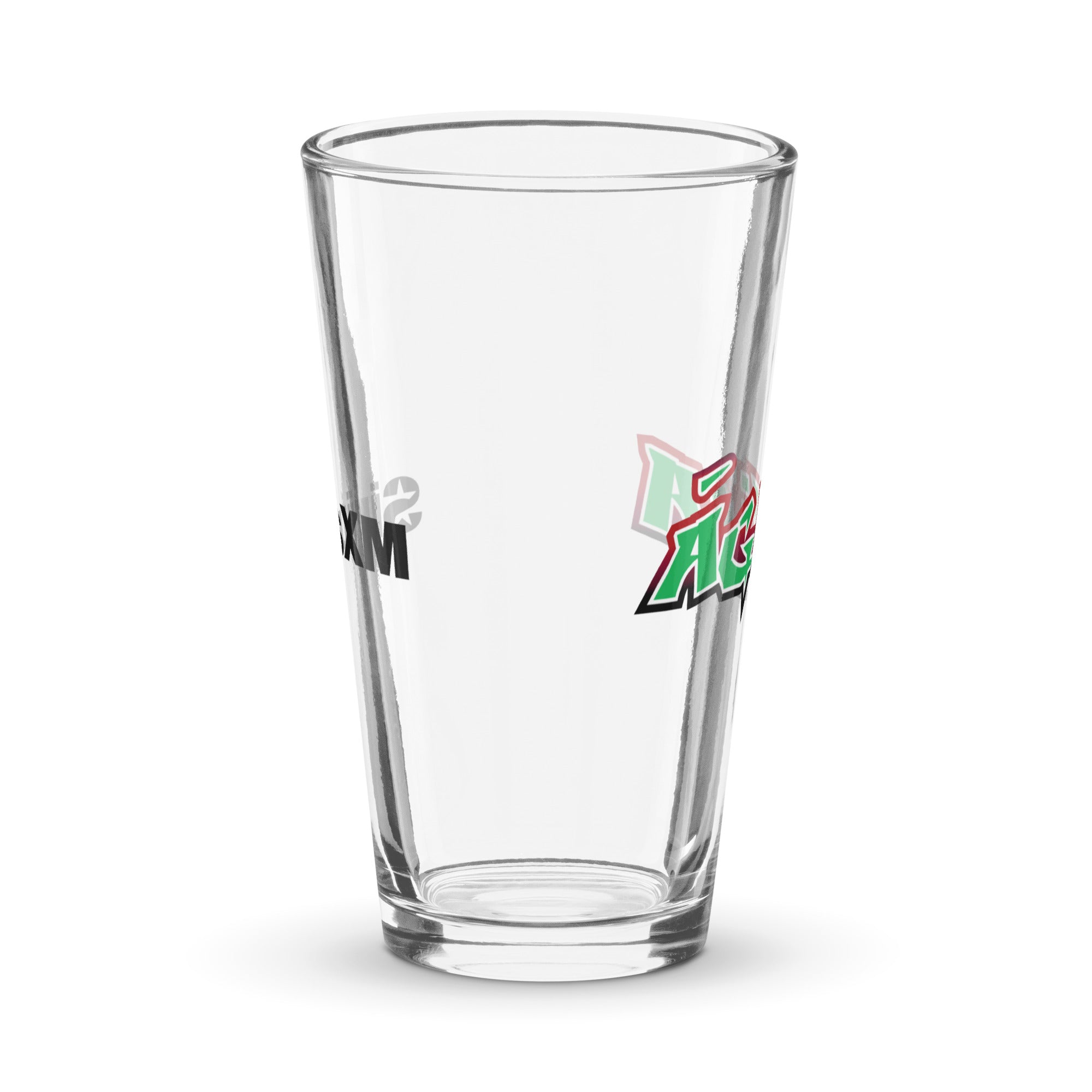 Side view of clear pint glass featuring partially visible front and back designs.