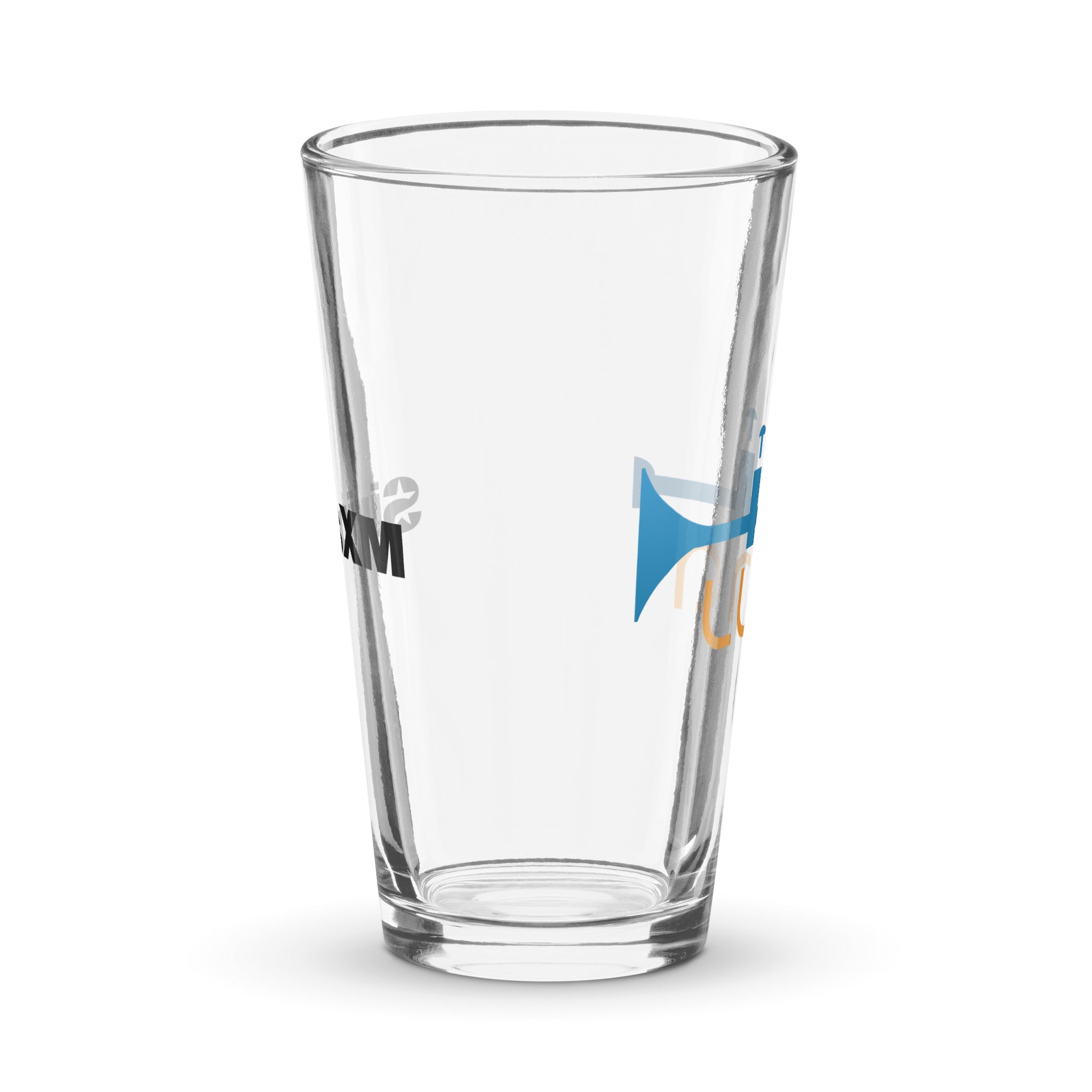 Side view of clear pint glass featuring partially visible front and back designs.