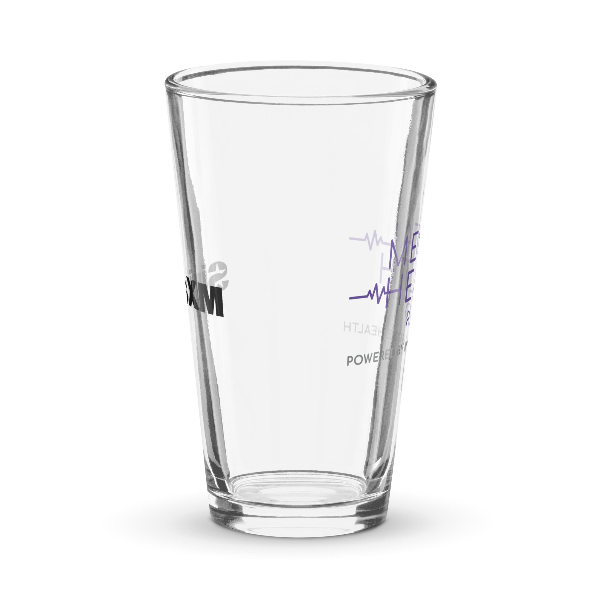 Side view of clear pint glass featuring partially visible front and back designs.