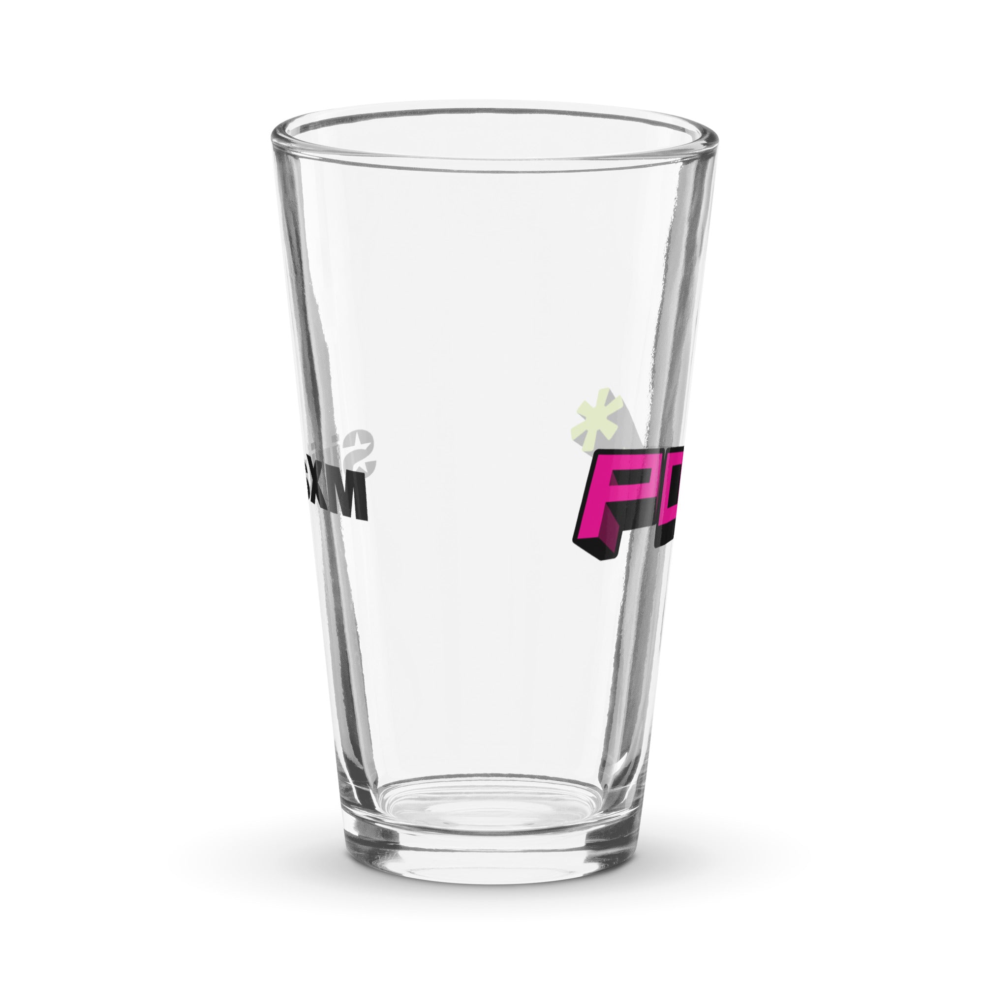 Side view of clear pint glass featuring partially visible front and back designs.