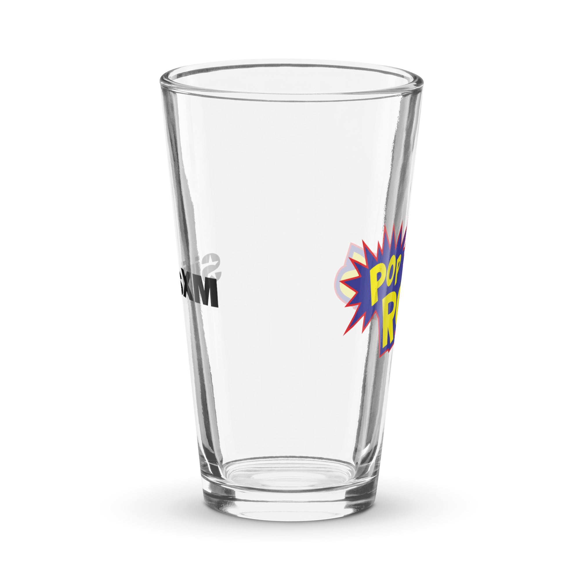 Side view of clear pint glass featuring partially visible front and back designs.