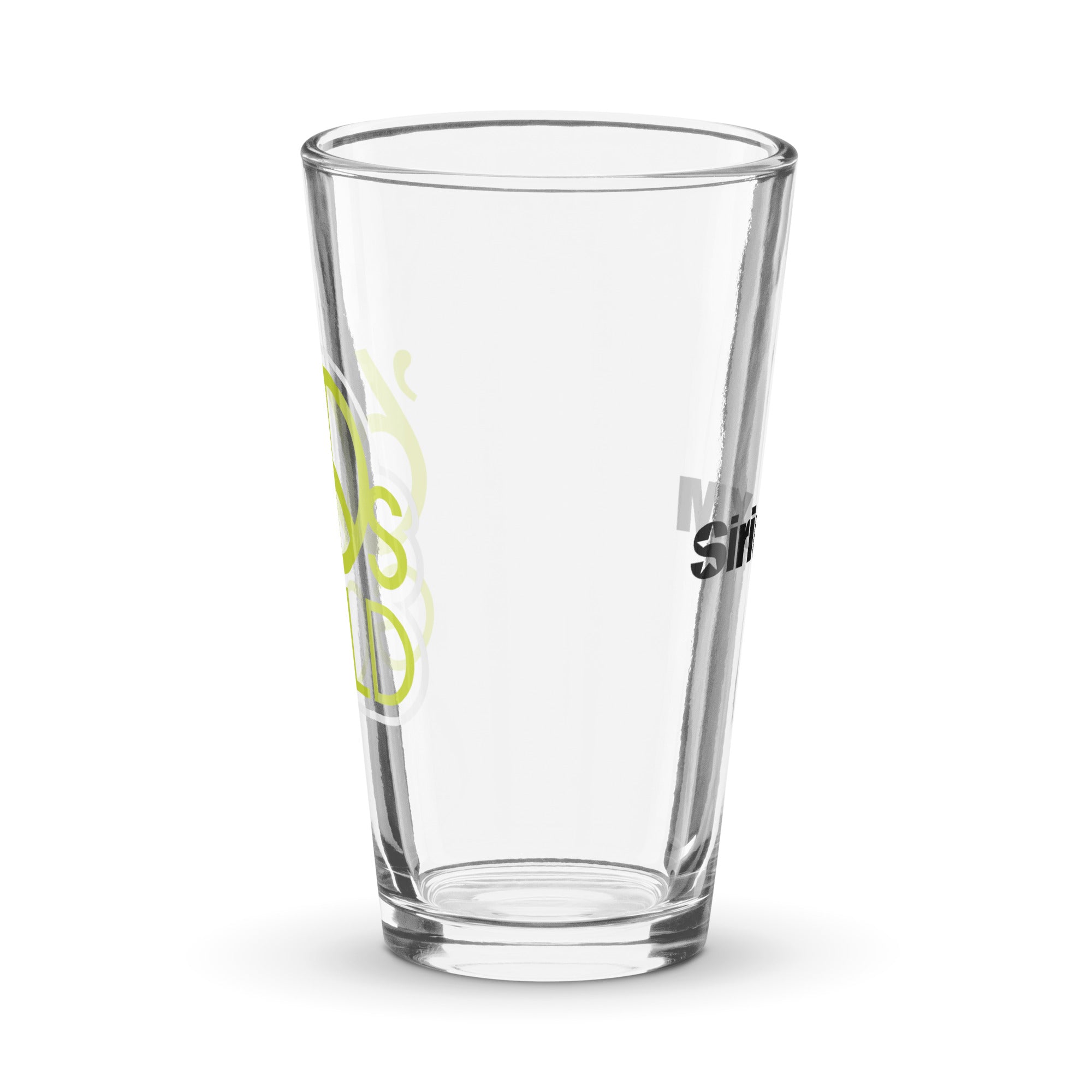 Side view of clear pint glass featuring partially visible front and back designs.