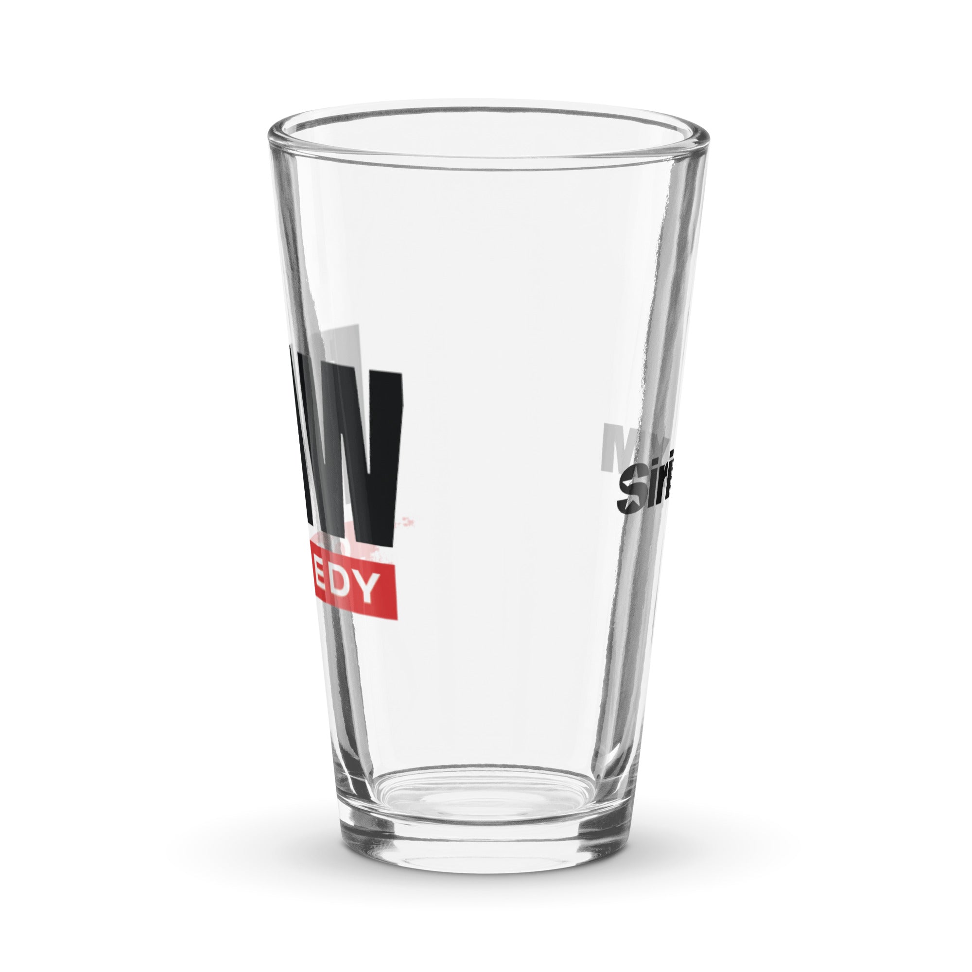 Side view of clear pint glass featuring partially visible front and back designs.