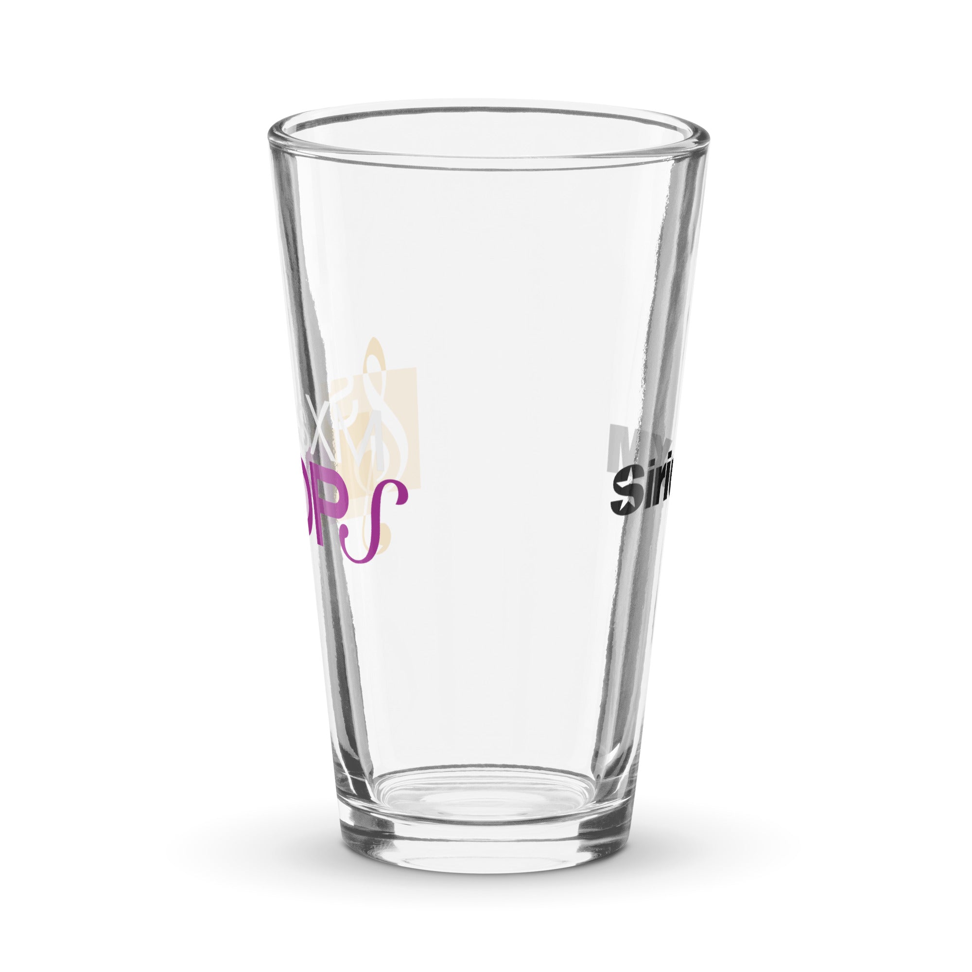 Side view of clear pint glass featuring partially visible front and back designs.