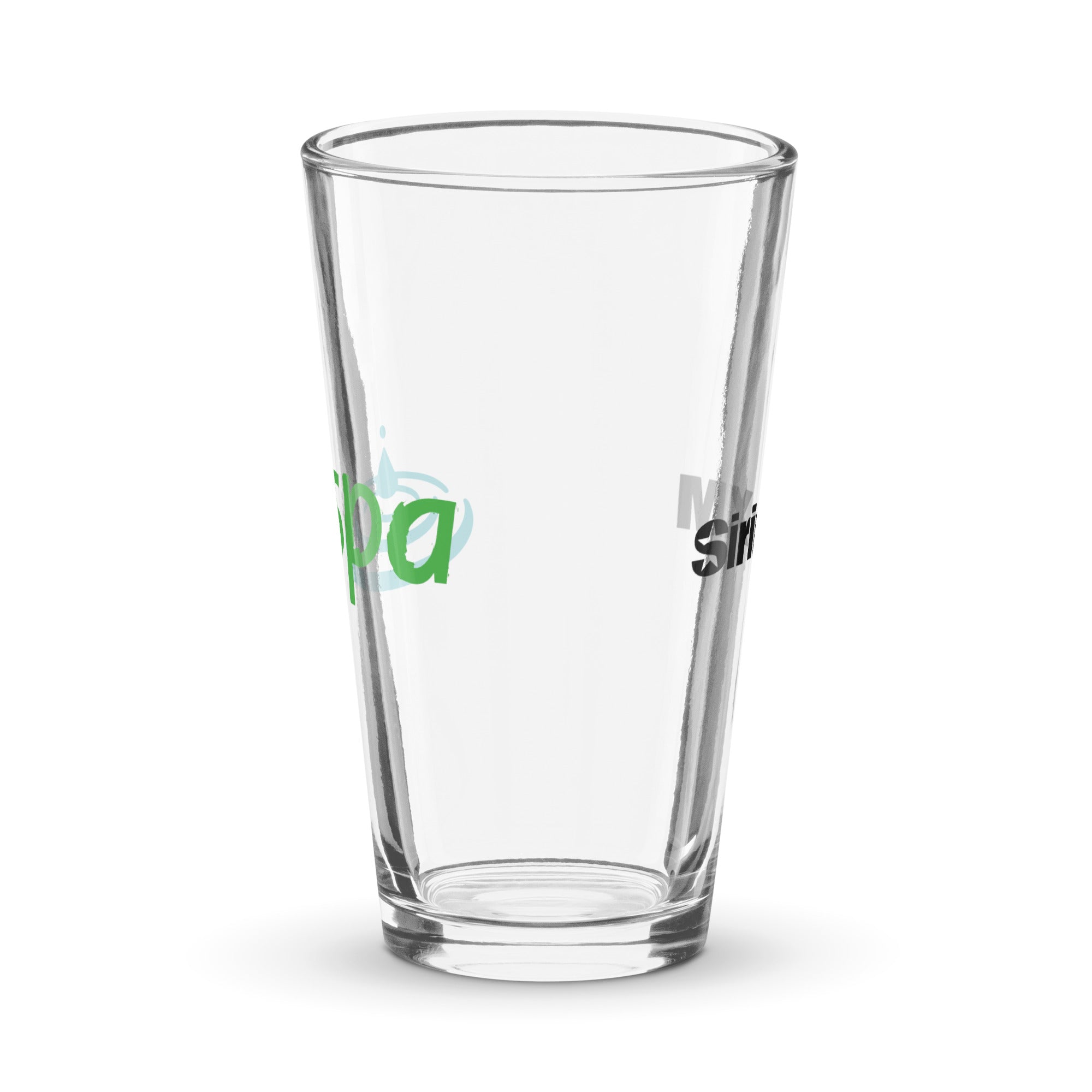 Side view of clear pint glass featuring partially visible front and back designs.