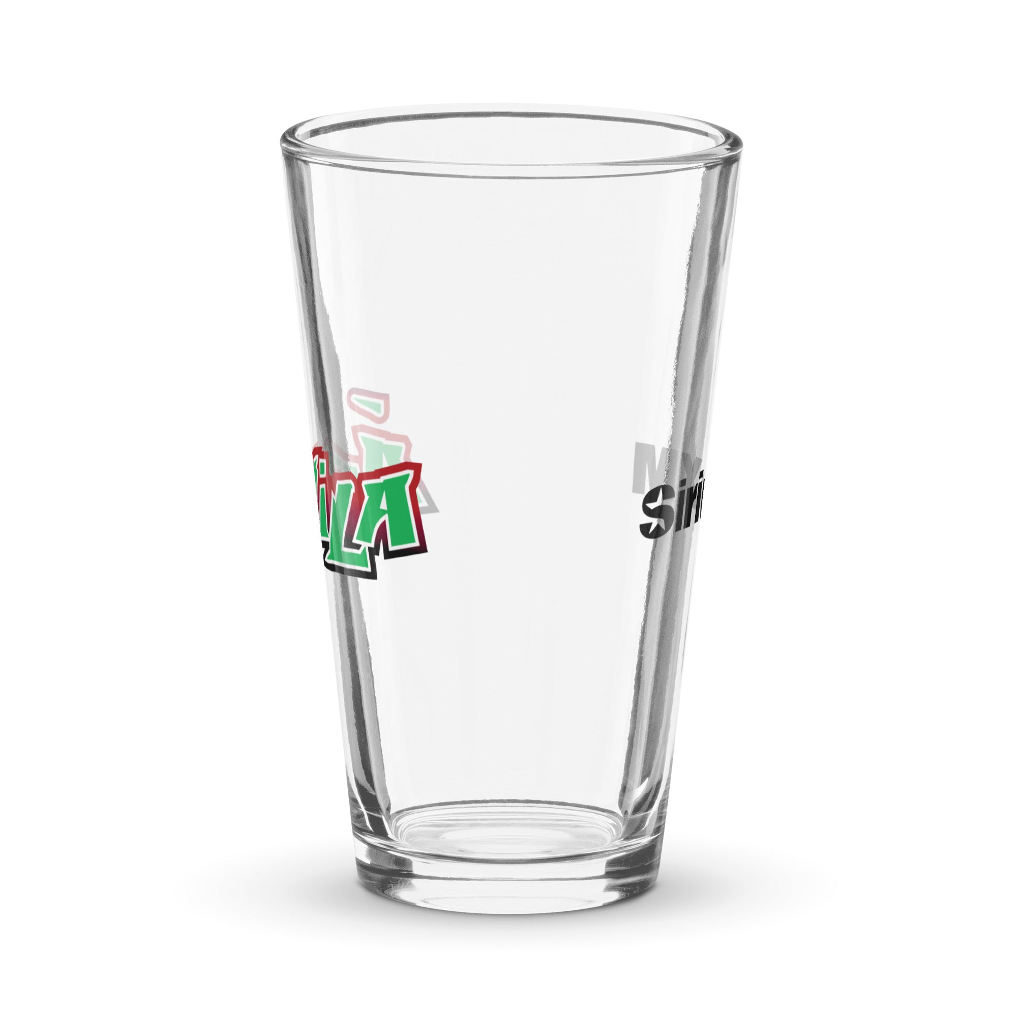 Side view of clear pint glass featuring partially visible front and back designs.