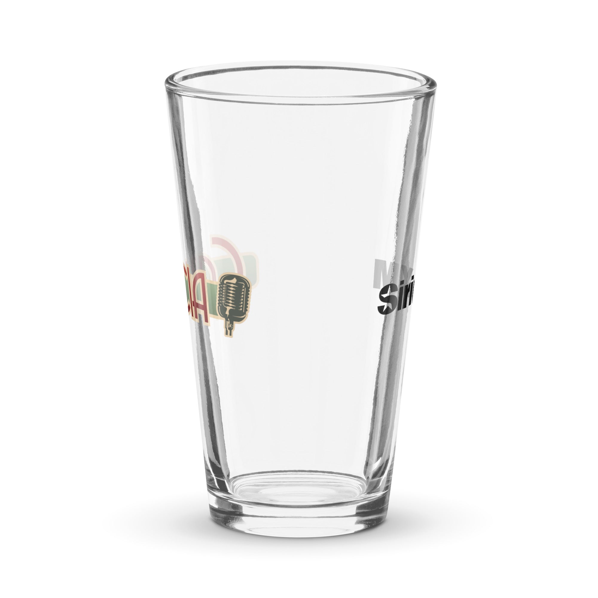 Side view of clear pint glass featuring partially visible front and back designs.