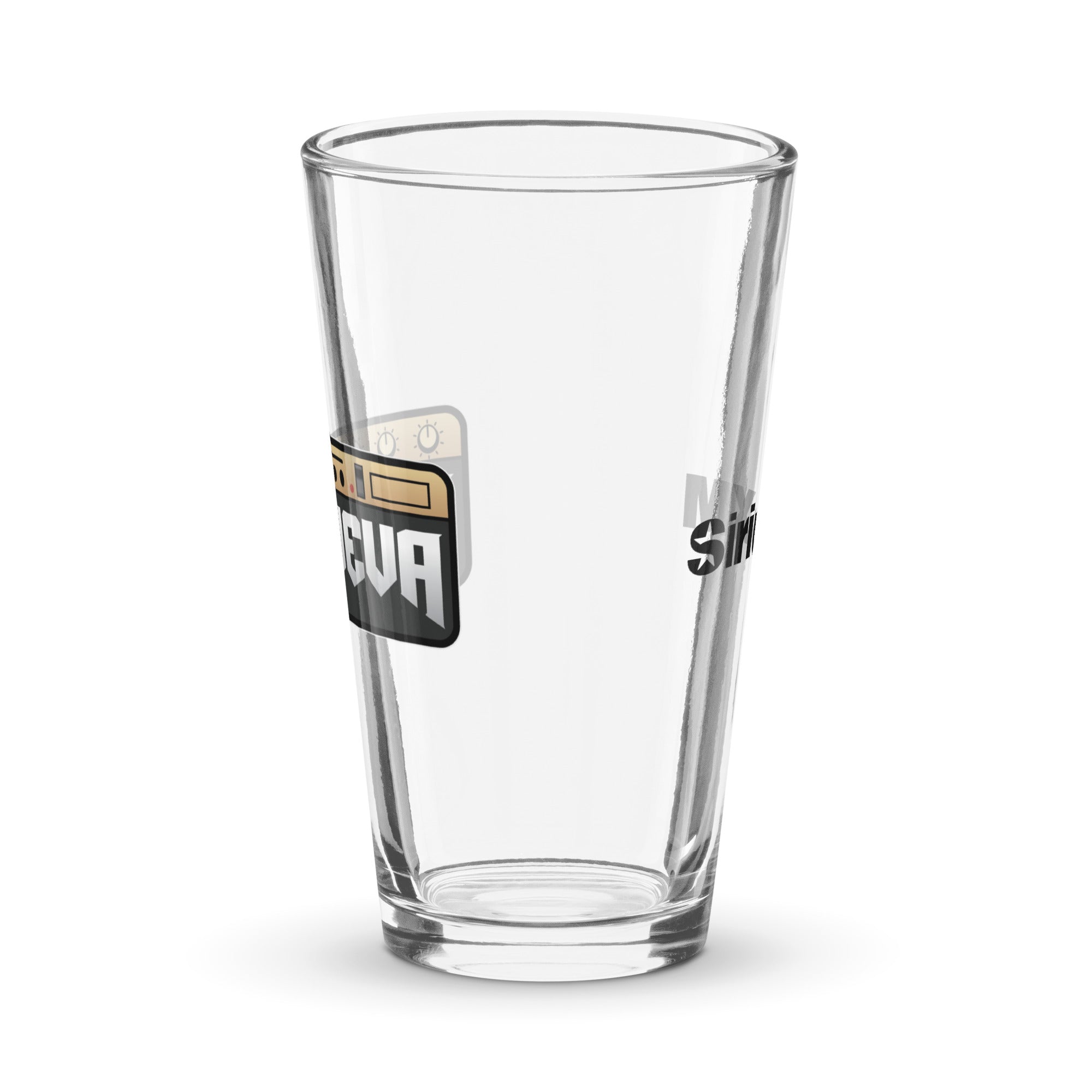 Side view of clear pint glass featuring partially visible front and back designs.