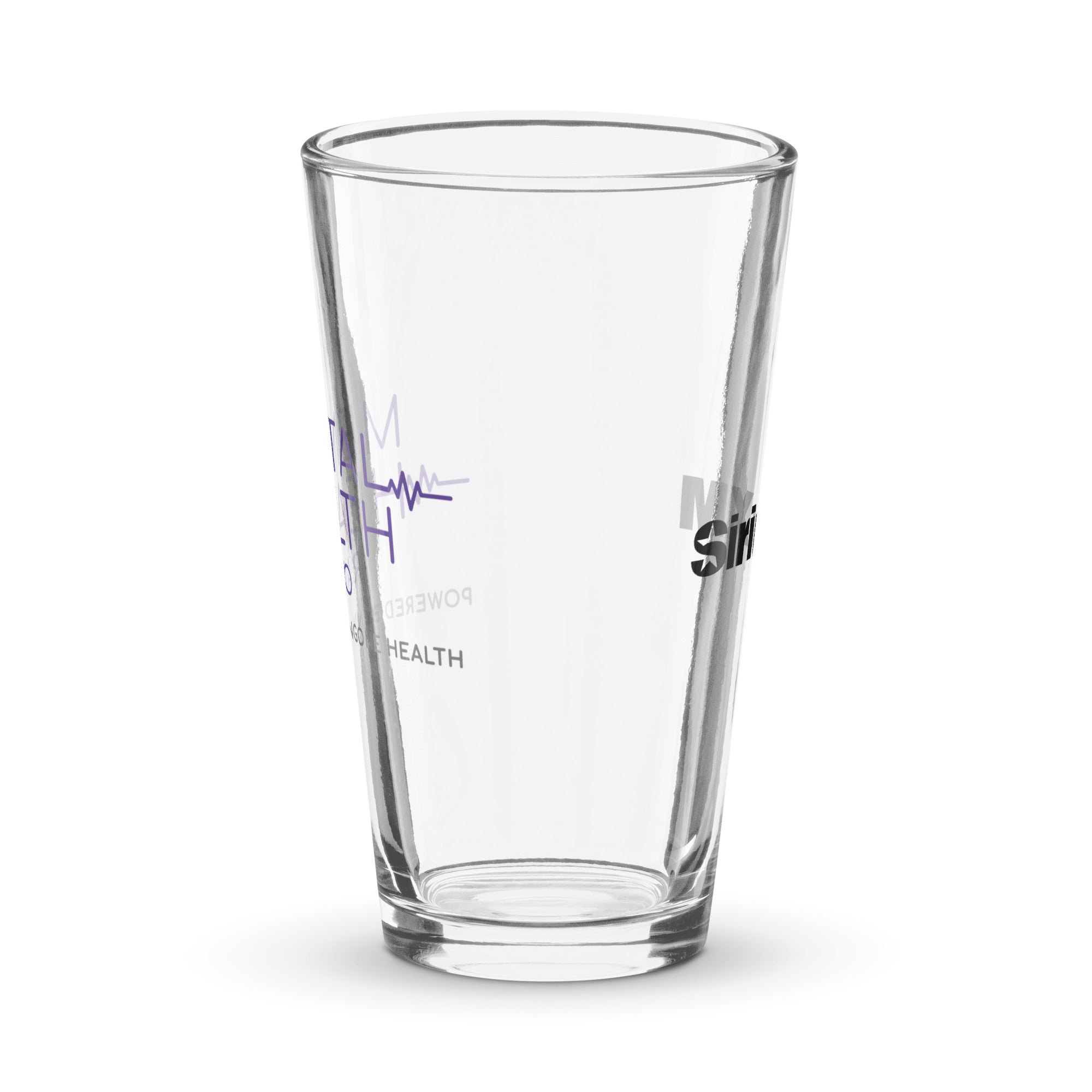 Side view of clear pint glass featuring partially visible front and back designs.