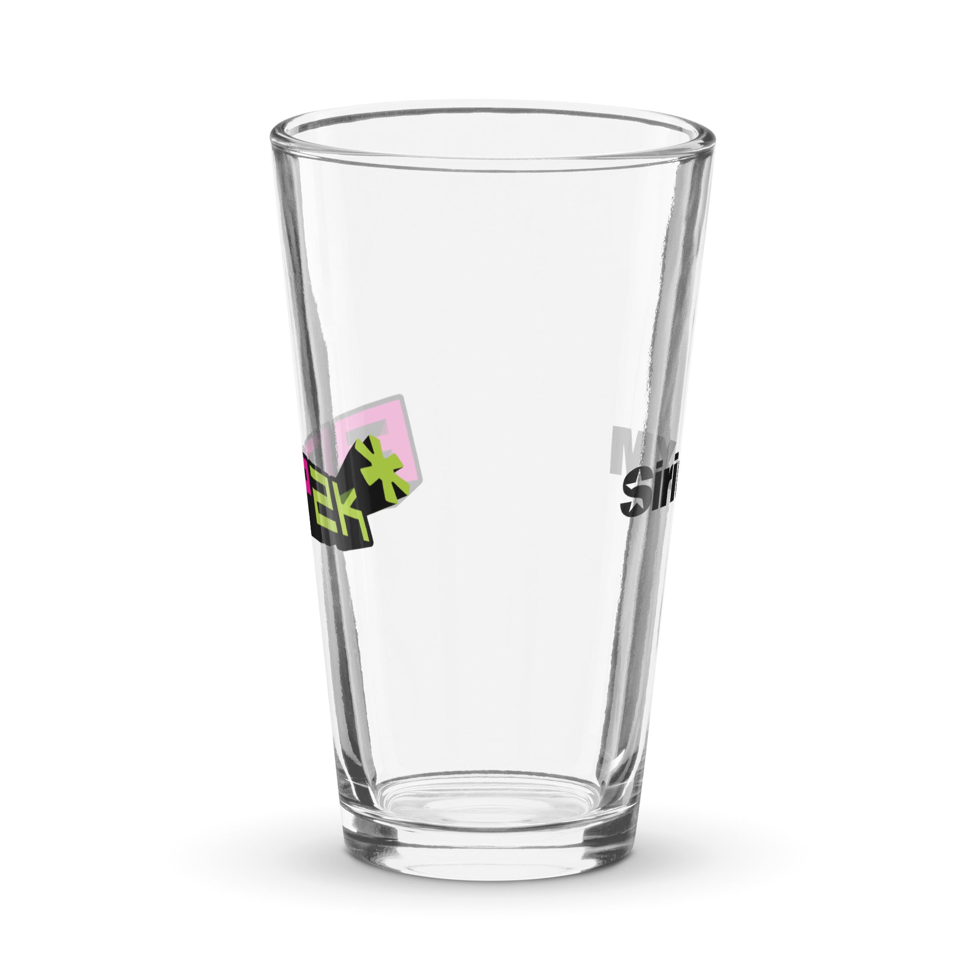 Side view of clear pint glass featuring partially visible front and back designs.