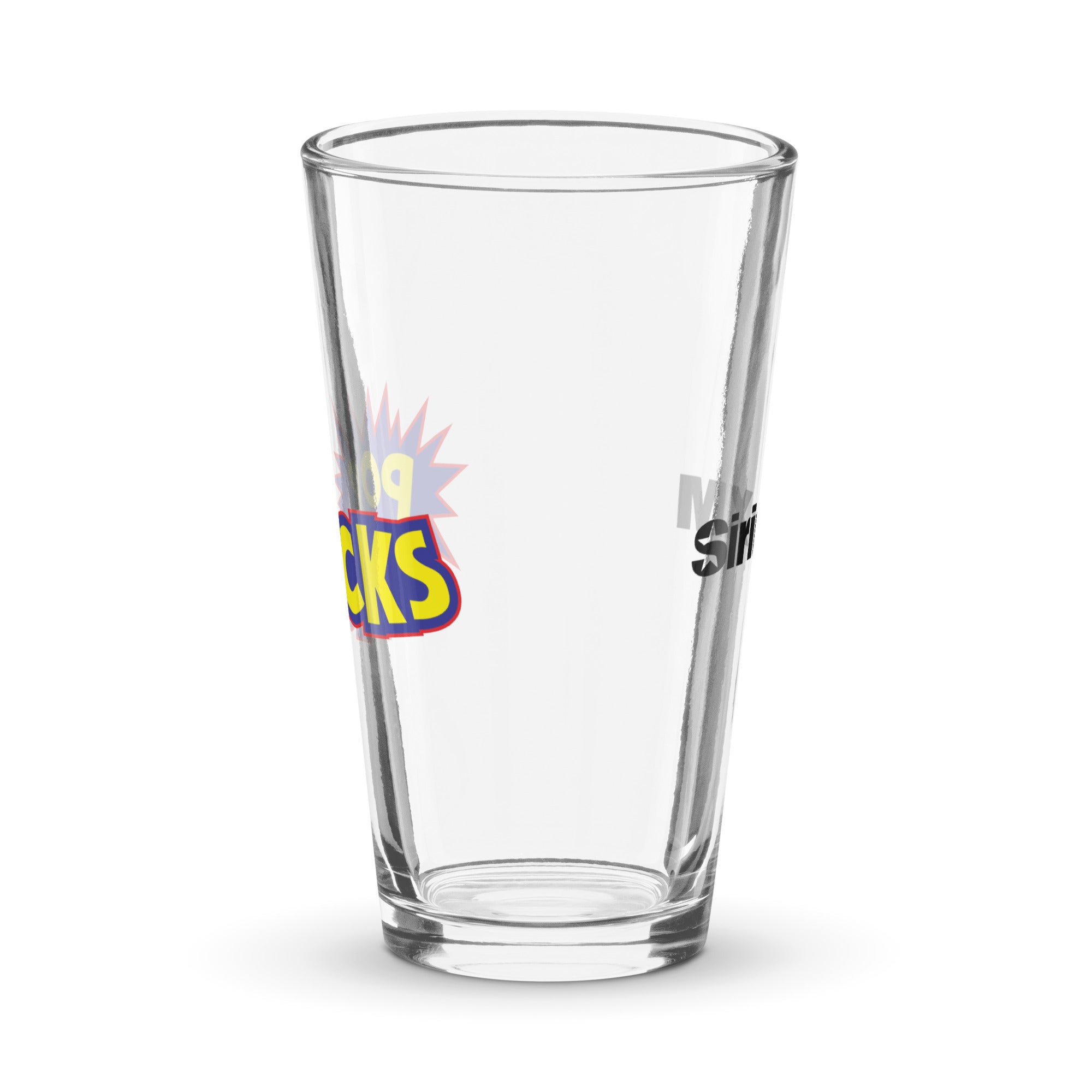 Side view of clear pint glass featuring partially visible front and back designs.