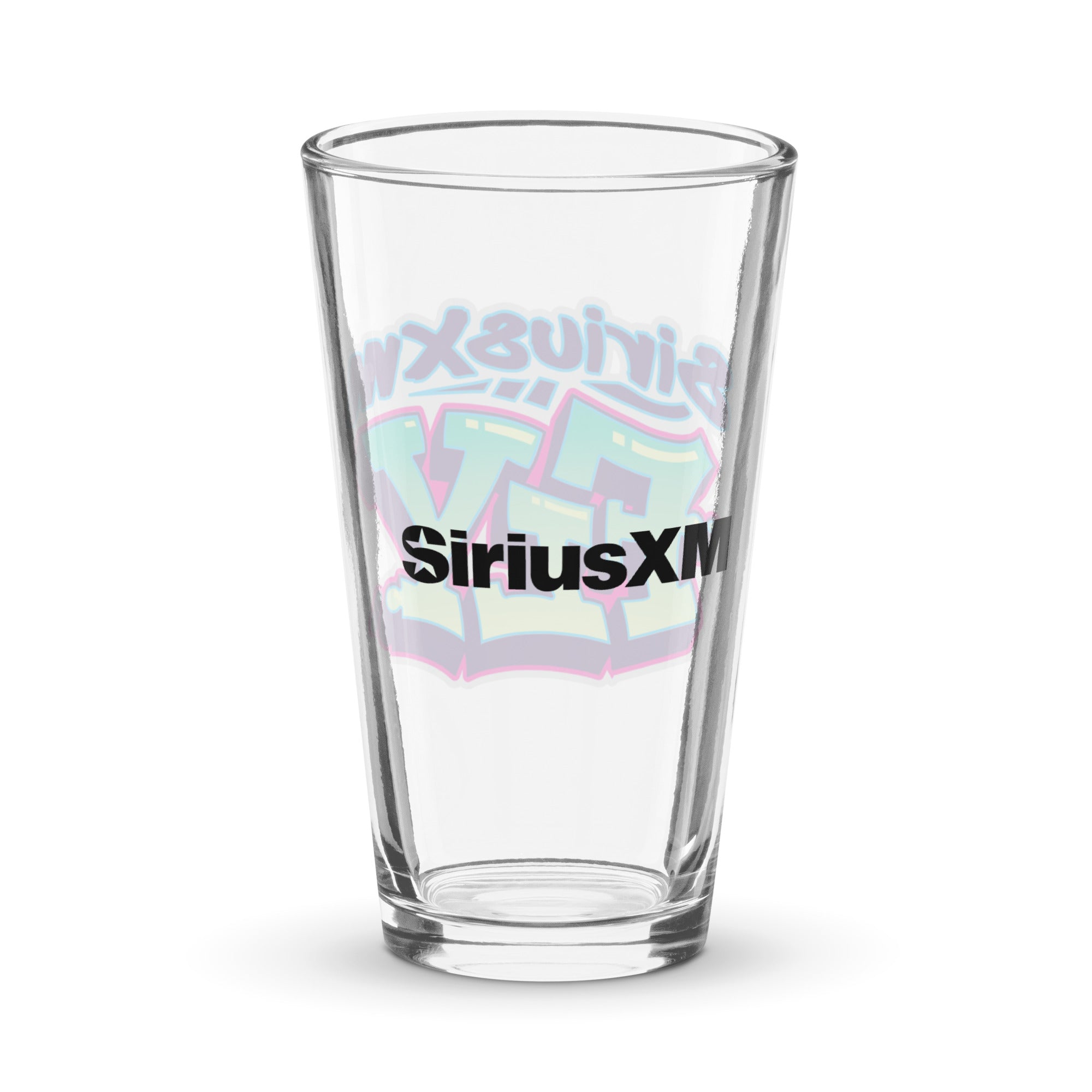 Back of clear glass with 'SiriusXM' logo in black.