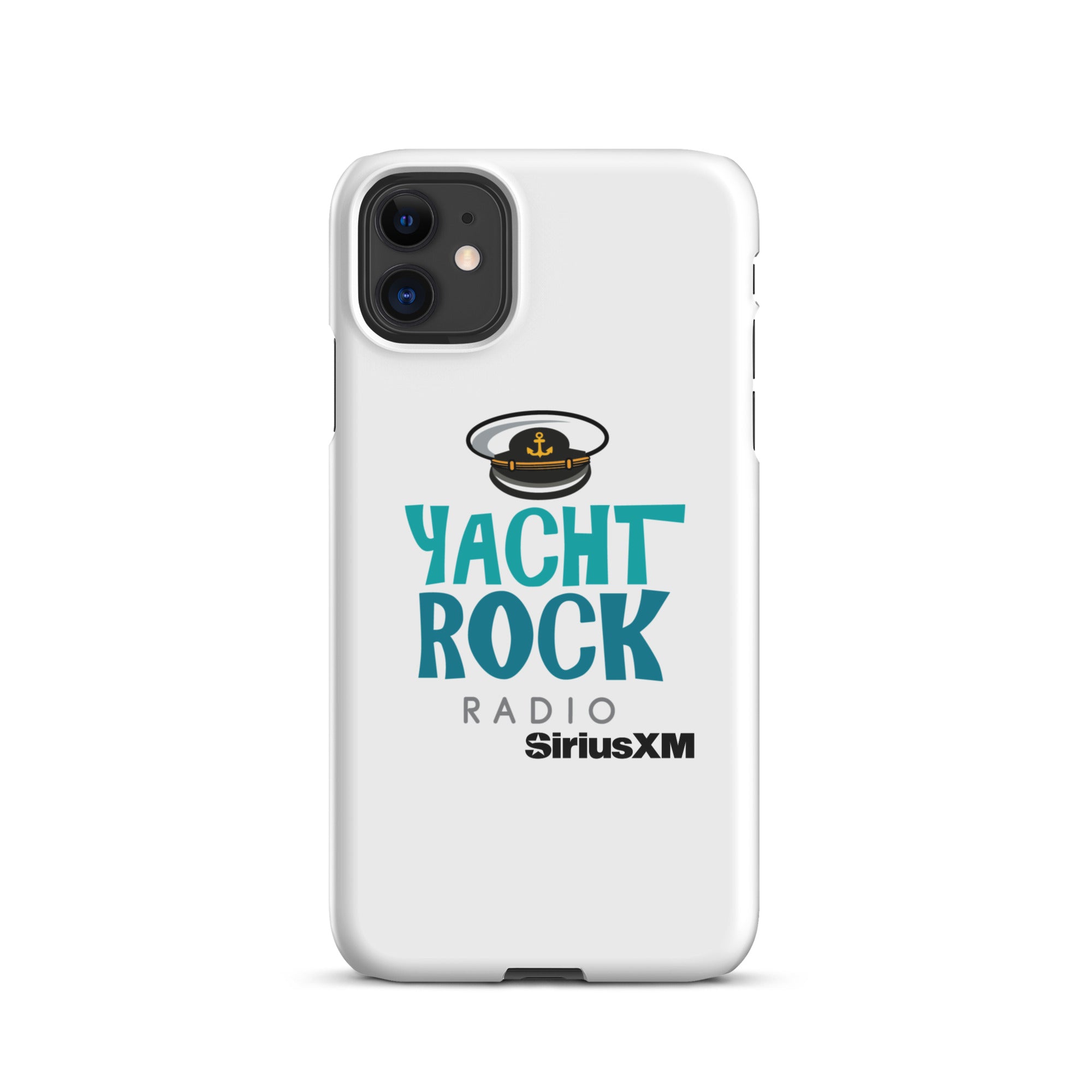 White phone case featuring 'Yacht Rock Radio' logo with a captain's hat and 'SiriusXM' branding.