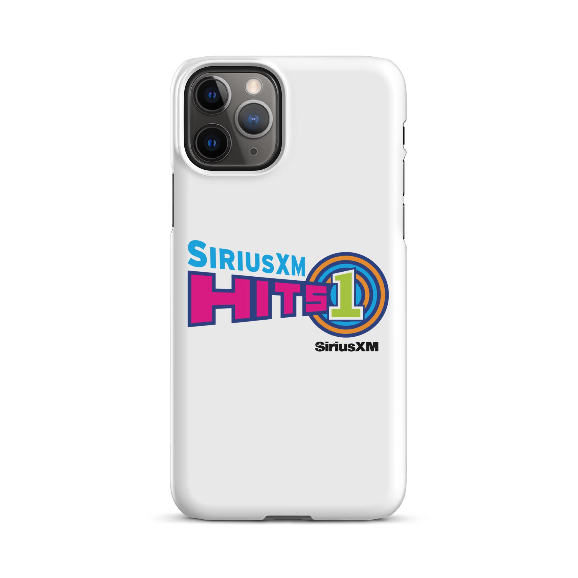 White phone case featuring the 'SiriusXM Hits 1' logo in vibrant colors and 'SiriusXM' branding underneath.