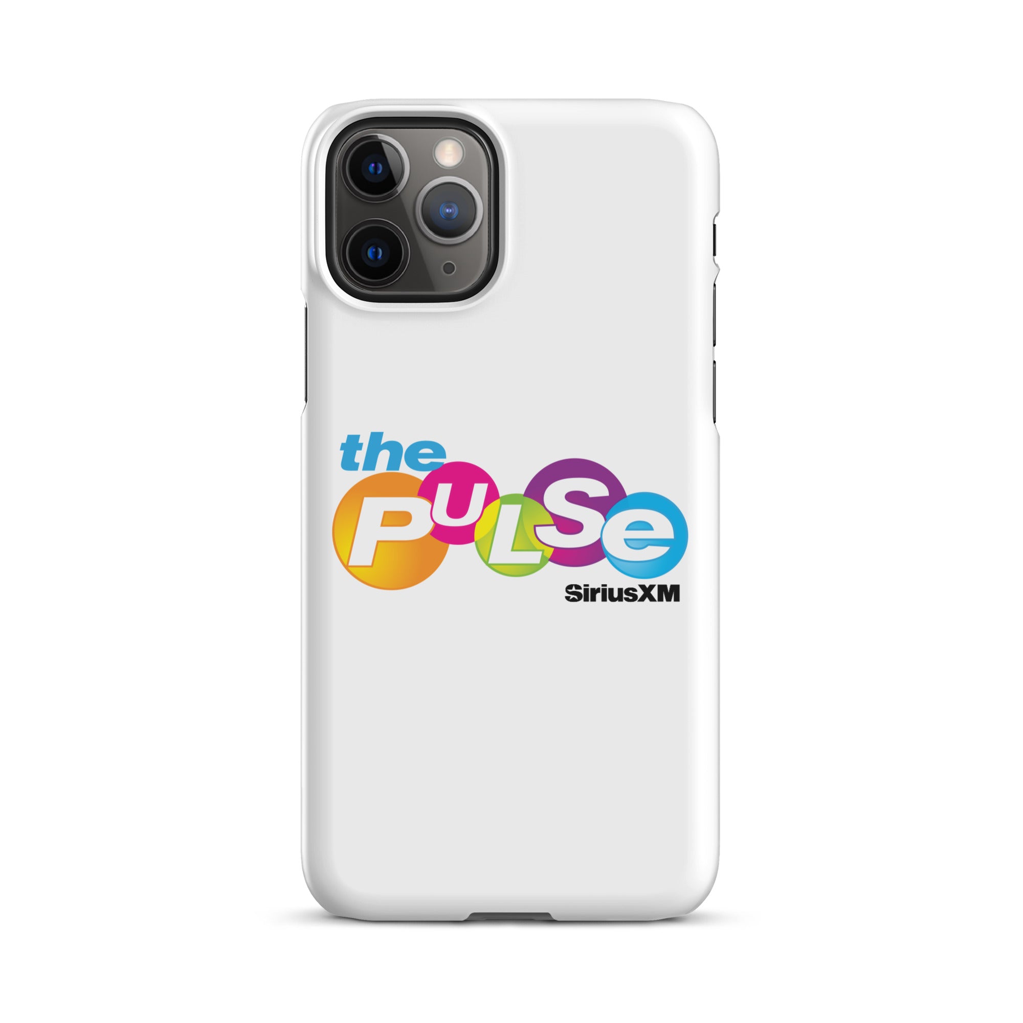 A white phone case featuring 'the PULSE' logo with vibrant colors and 'SiriusXM' branding.