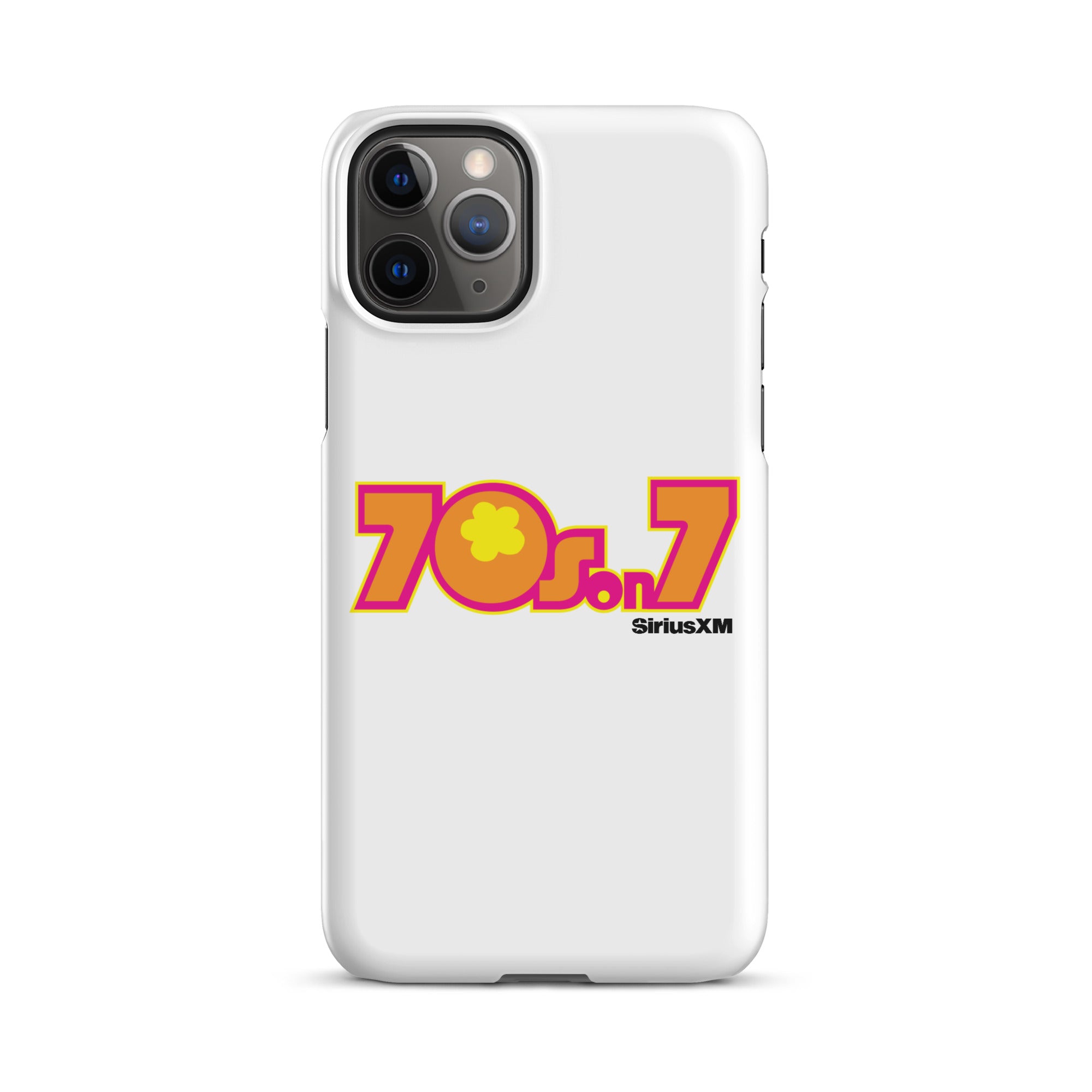 A white phone case featuring a colorful '70s on 7' logo with a flower and the 'SiriusXM' branding.