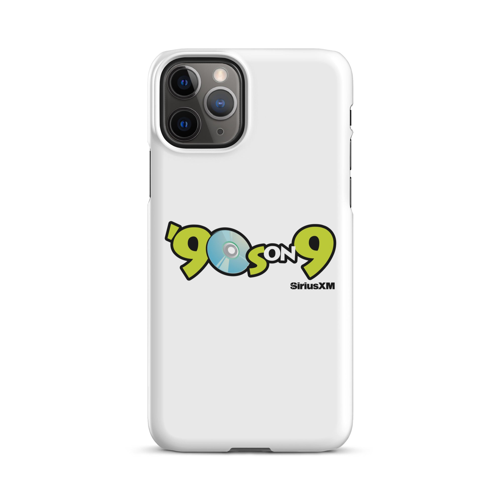 White phone case featuring the '90s on 9' logo with CD graphic and 'SiriusXM' branding.