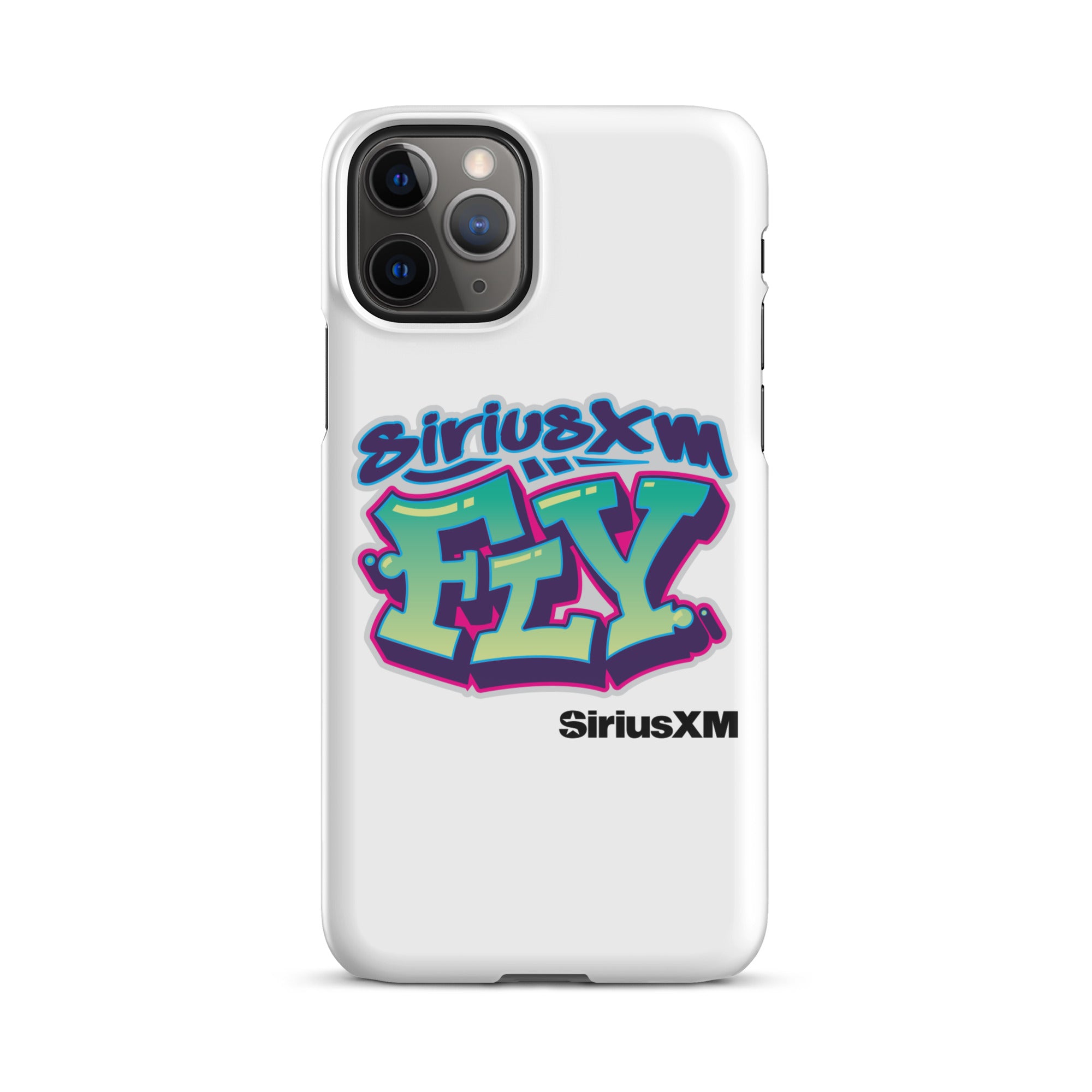 White phone case featuring colorful graffiti-style text: 'SiriusXM FLY' with 'SiriusXM' branding below.