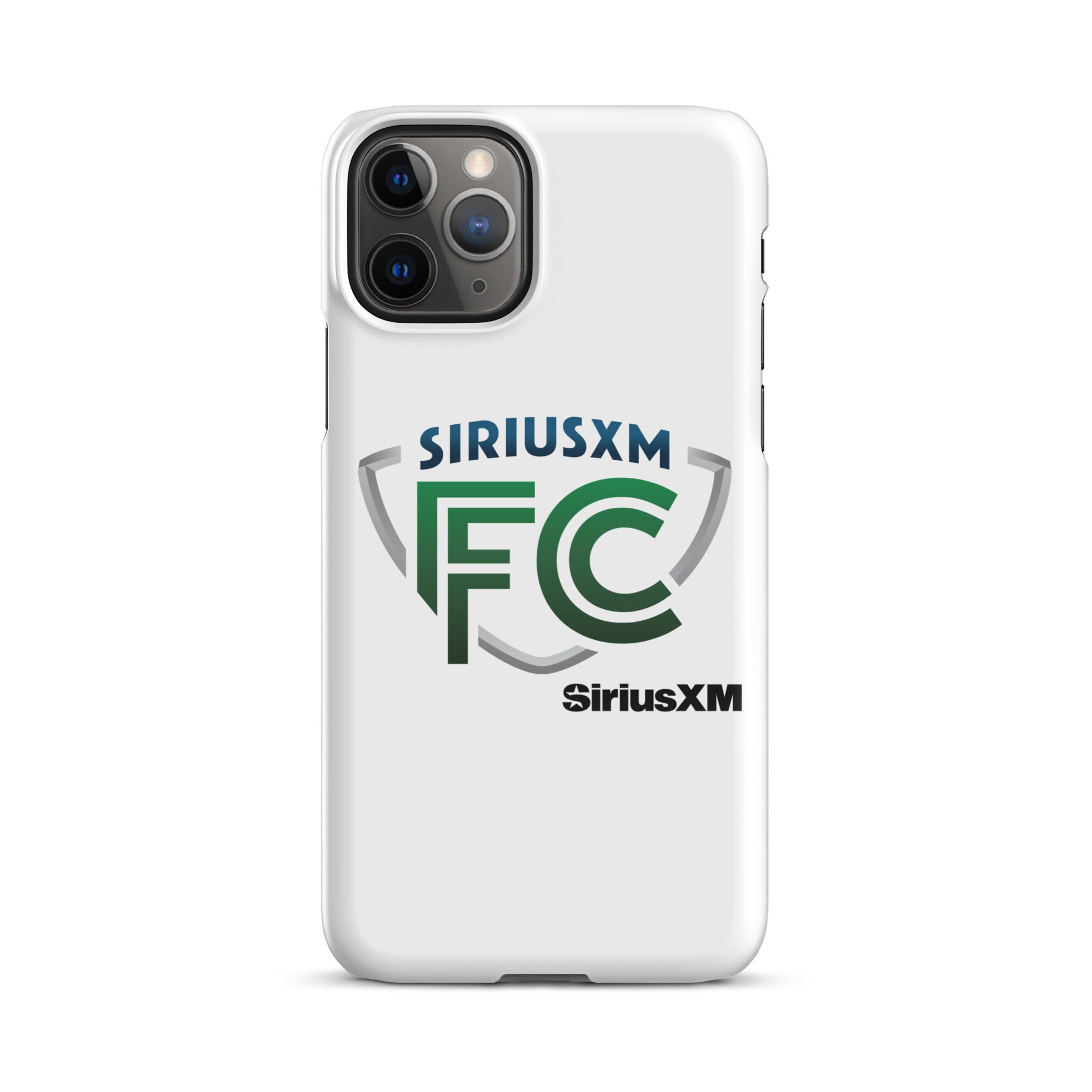 White phone case featuring the 'SiriusXM FC' logo in green and gray with 'SiriusXM' branding in black.