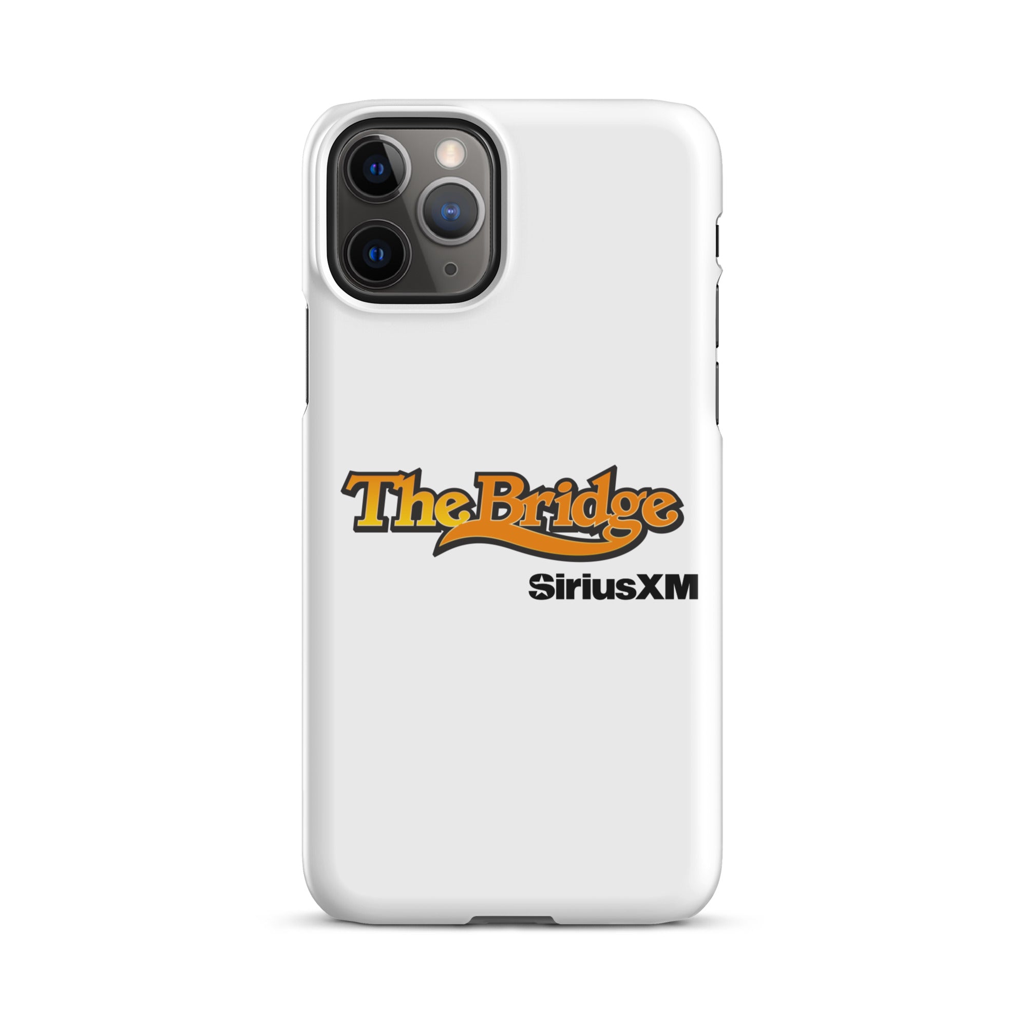 White phone case featuring the logos for 'The Bridge' and 'SiriusXM.'